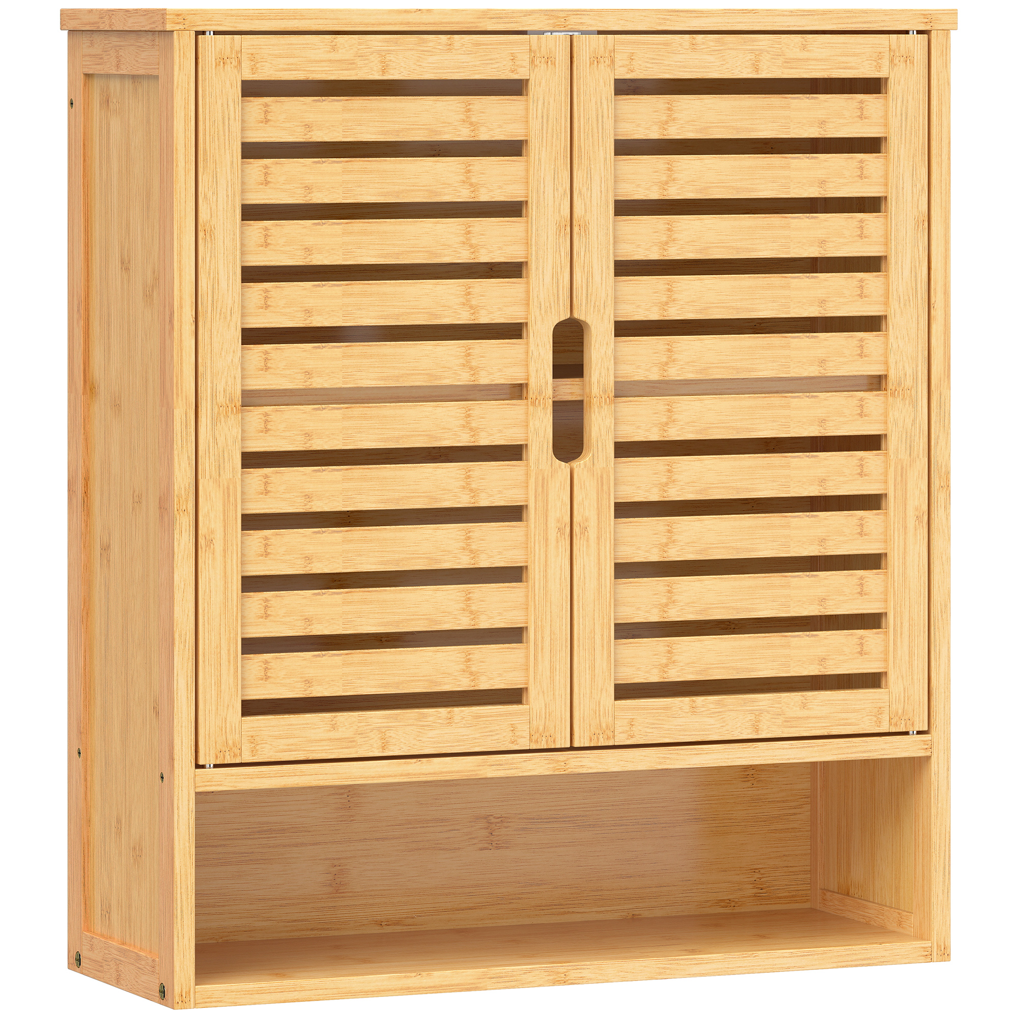 HIGHBURY Bathroom Wall Cabinet with 2 Louvered Doors, Open Shelf and Adjustable Shelf - Oak - Life Essentials
