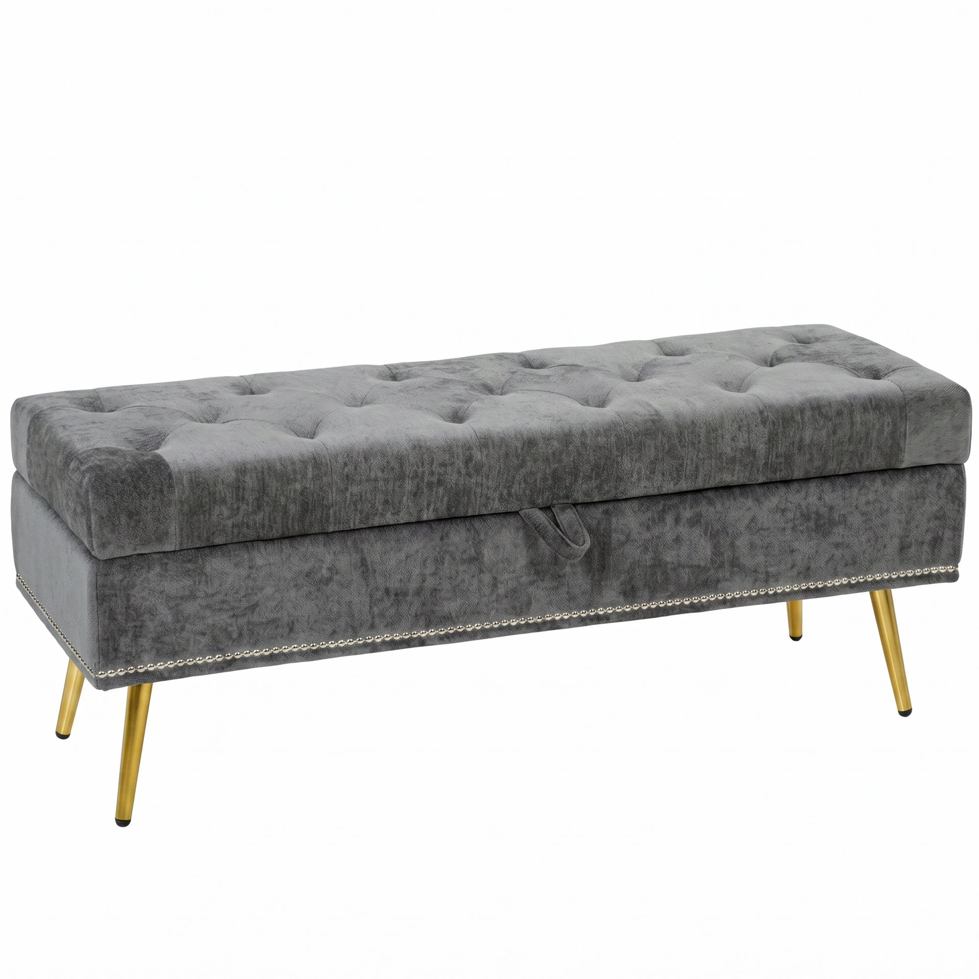 WORCESTER 114 cm Chenille Storage Ottoman with Padded Seat and Metal Legs - Grey - Life Essentials