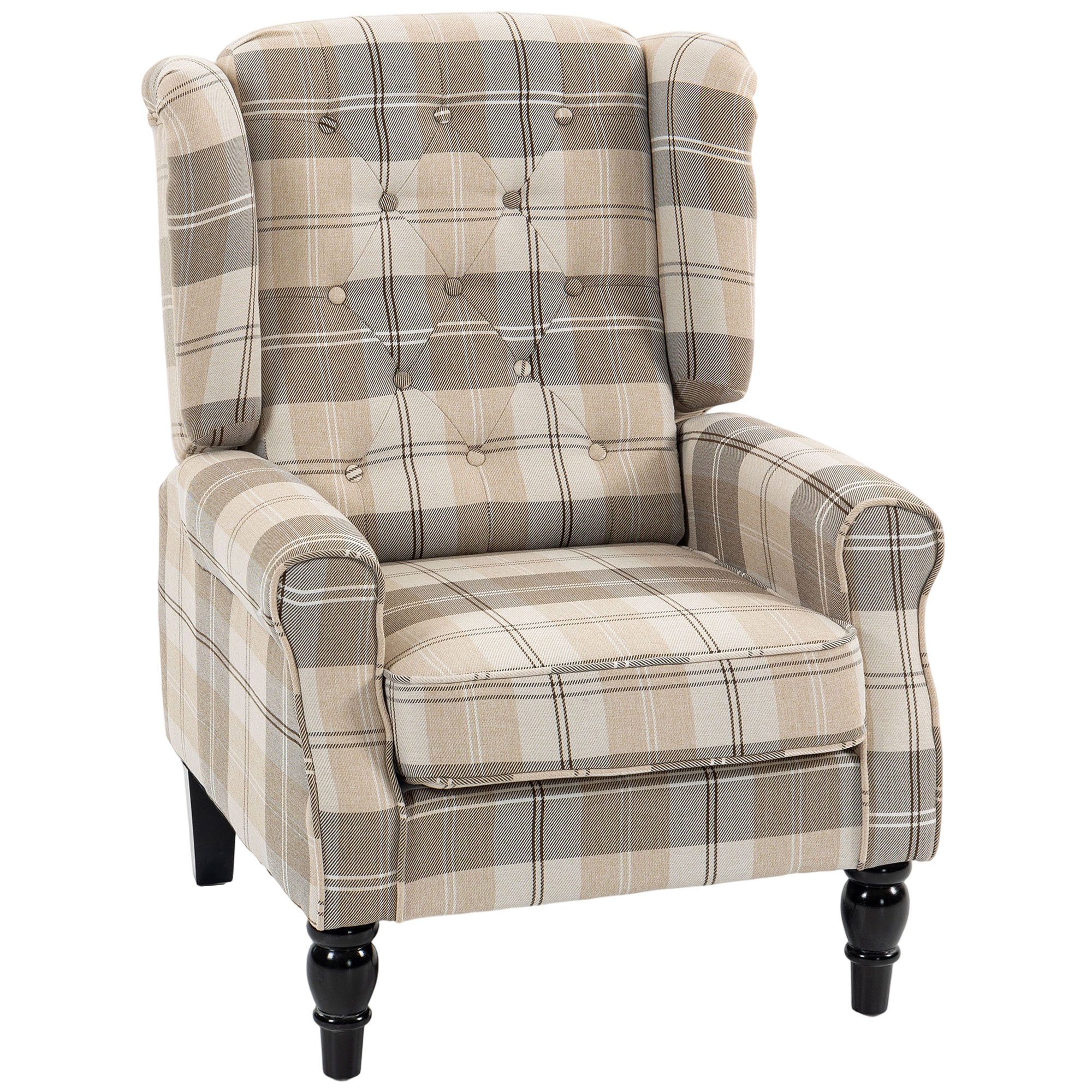 FYNTRA Linen Look Wingback Accent Armchair with High Back and Thick Spring Cushion - Khaki Plaid - Life Essentials