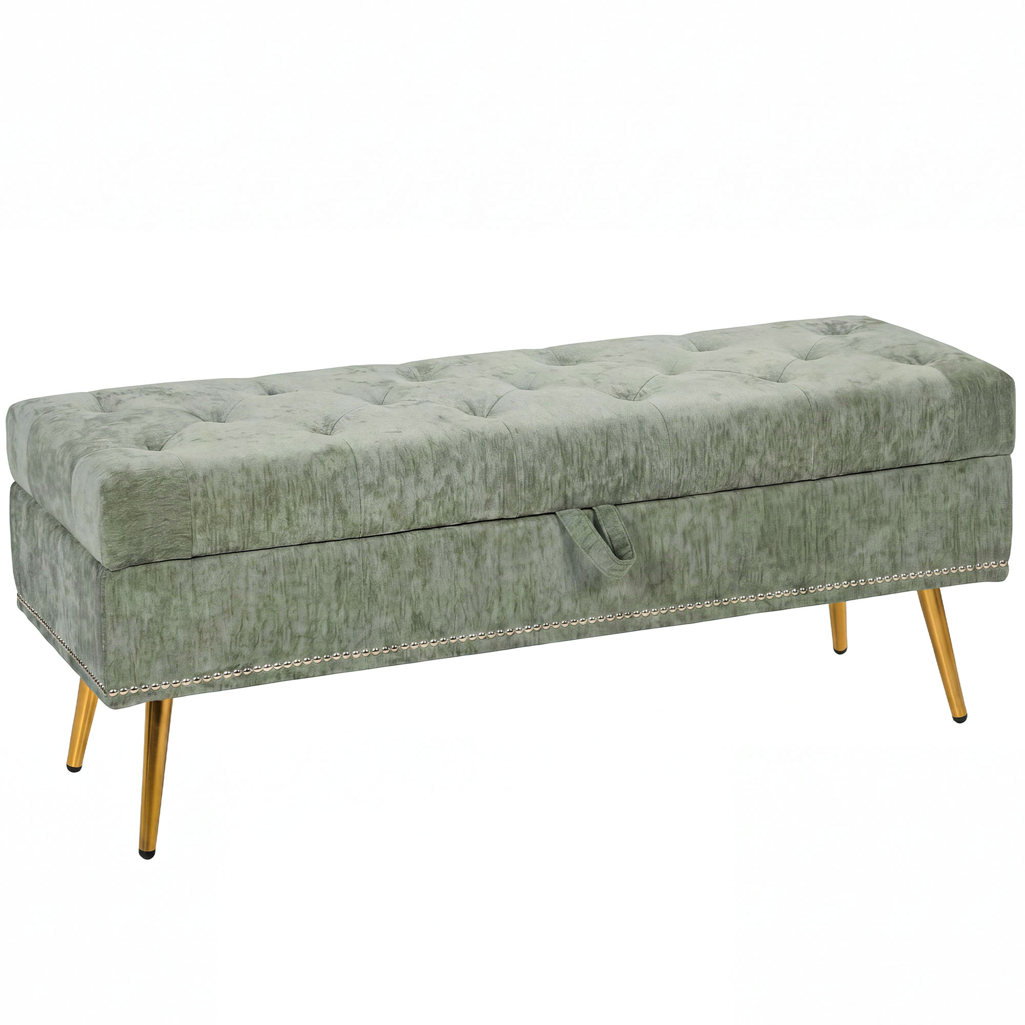 WORCESTER 114 cm Chenille Storage Ottoman with Padded Seat and Metal Legs - Light Green - Life Essentials