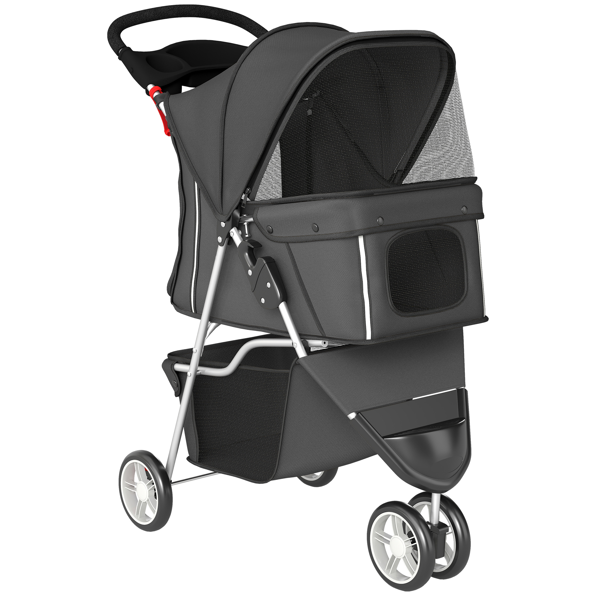 EASBURY 3 Wheel Foldable Dog Stroller with Adjustable Canopy and Storage Basket - Dark Grey and Grey - Life Essentials