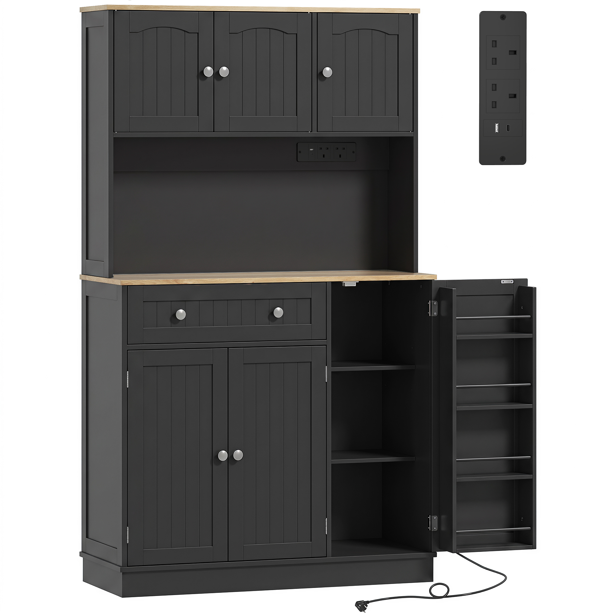 CHIPPING 173 cm Kitchen Pantry Cupboard with Charging Station, Adjustable Shelves and 4 Door Racks - Black and Oak - Life Essentials