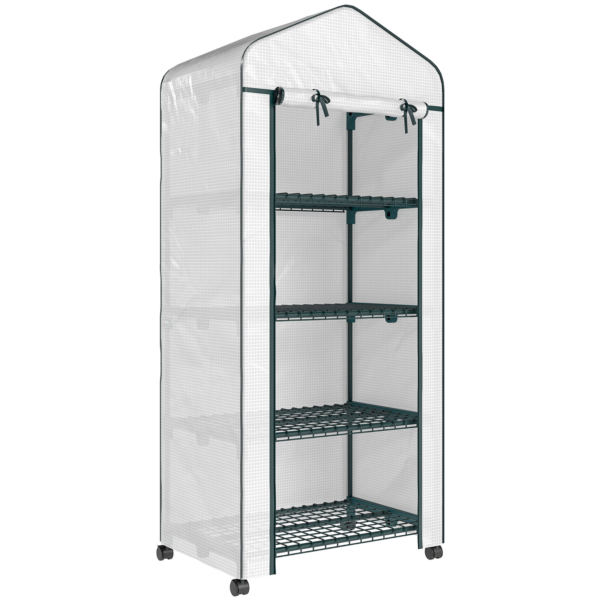 BIRCHAM 4 Tier Portable Mini Greenhouse with Metal Frame, PE Cover and Lockable Wheels - White and Dark Green - Life Essentials