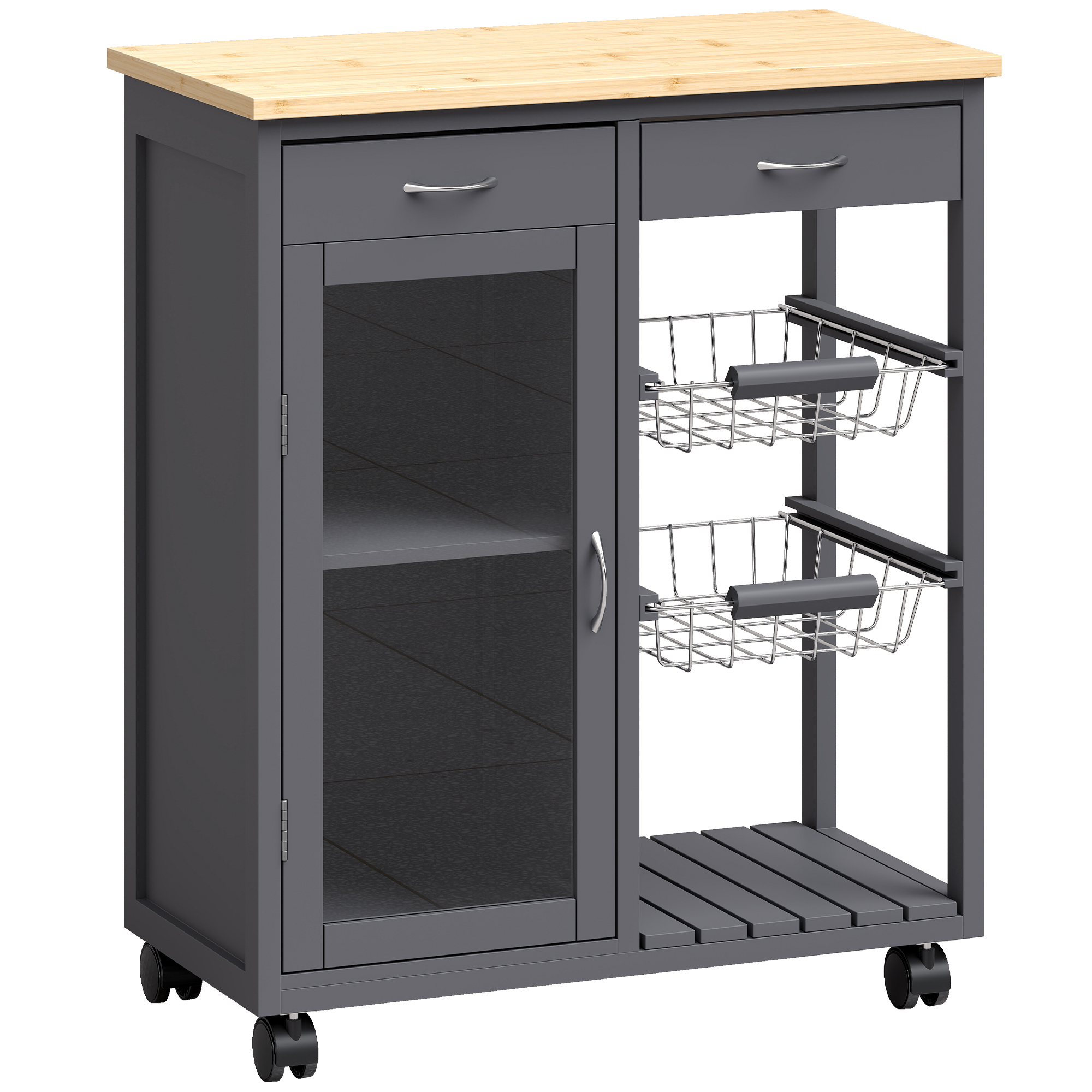 CROWBOROUGH Bamboo Rolling Kitchen Island Trolley with Glass Door, 2 Wire Baskets and Adjustable Shelf - Grey and Natural - Life Essentials