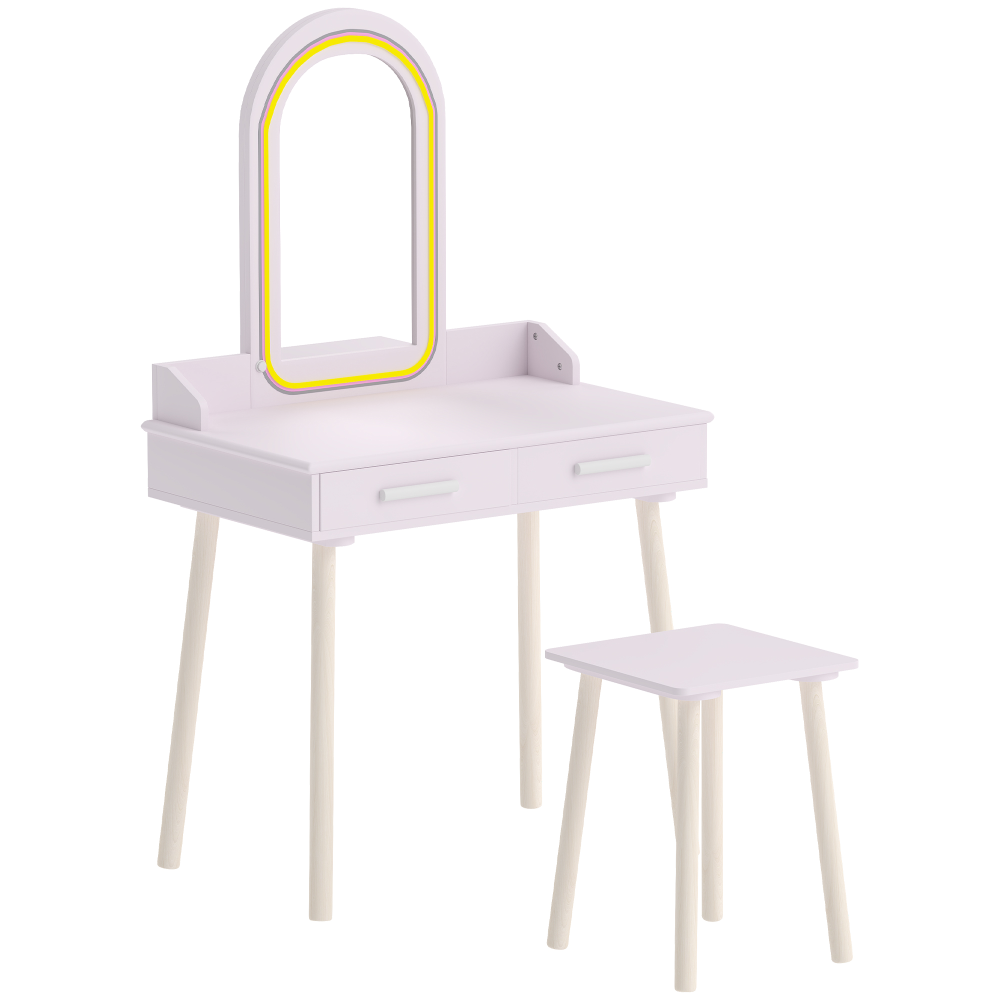 CRAVEN Kids Dressing Table and Stool with 3 Colour LED Mirror and Drawer - Pink, Natural, Green, Purple and White - Life Essentials