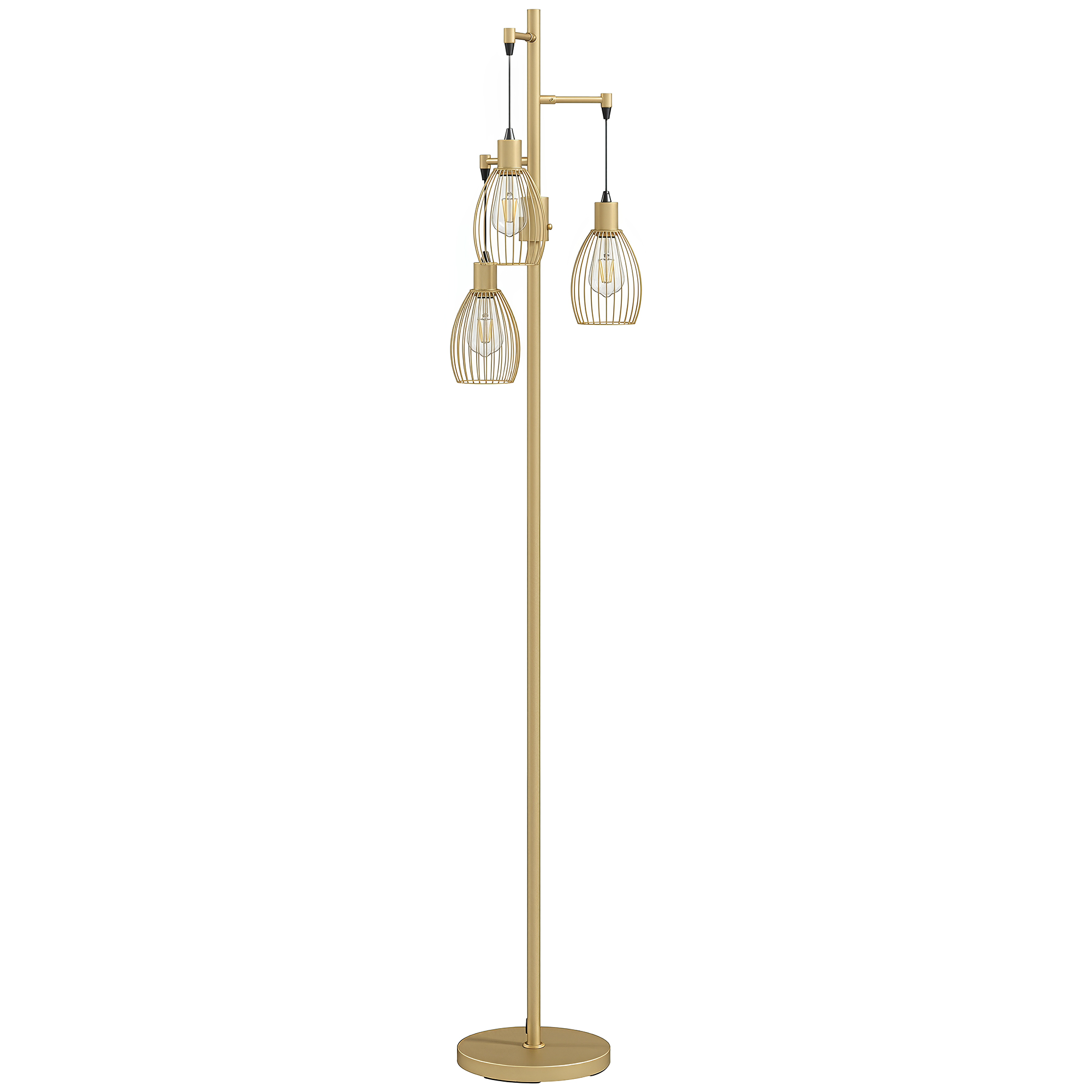 TREVON 170.5 cm Industrial Dimmable Floor Lamp with 3 Steel Wire Cage Shades - Gold Tone - Life Essentials