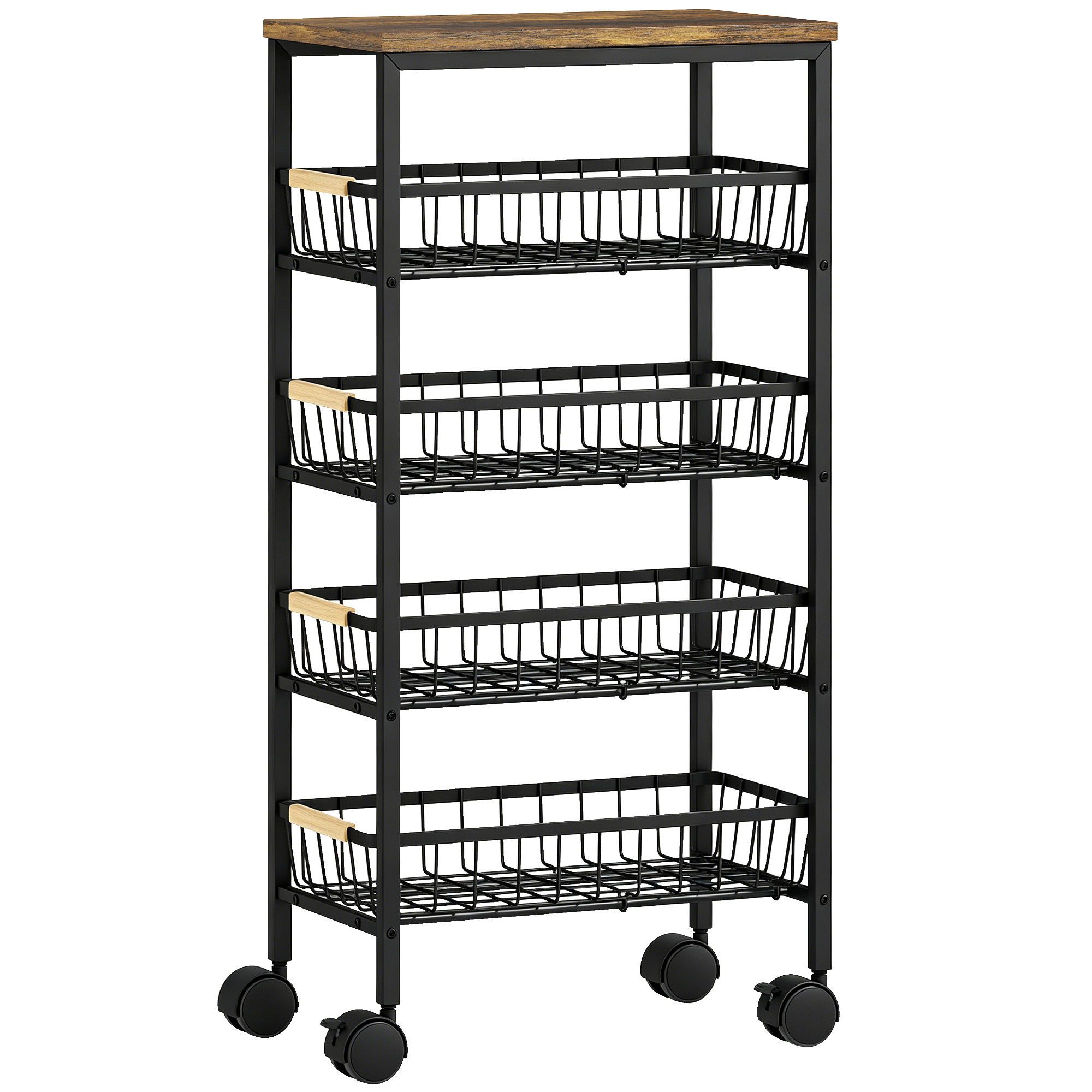 SUNNINGDALE 4 Tier Metal Kitchen Storage Trolley with Pull Out Baskets and Swivel Castors - Rustic Brown, Black and Natural - Life Essentials