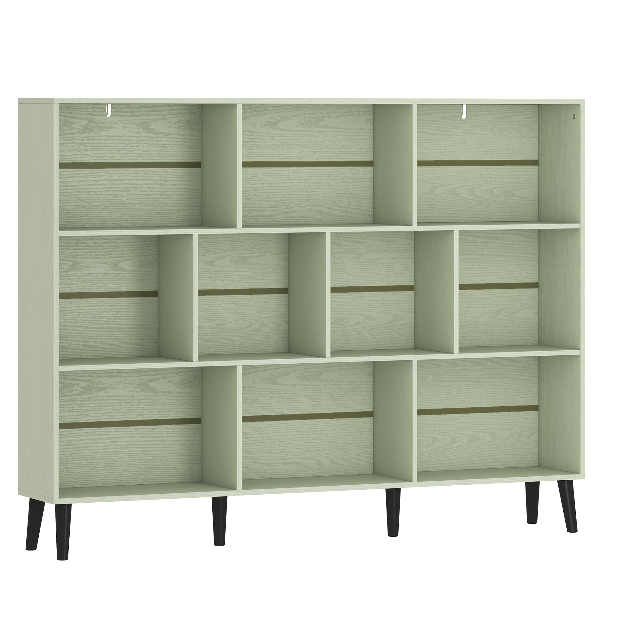 CAMELFORD 140 cm 10 Cube Bookcase with 3 Tiers, Pine Wood Legs and Anti Tip Kit - Light Green and Black - Life Essentials
