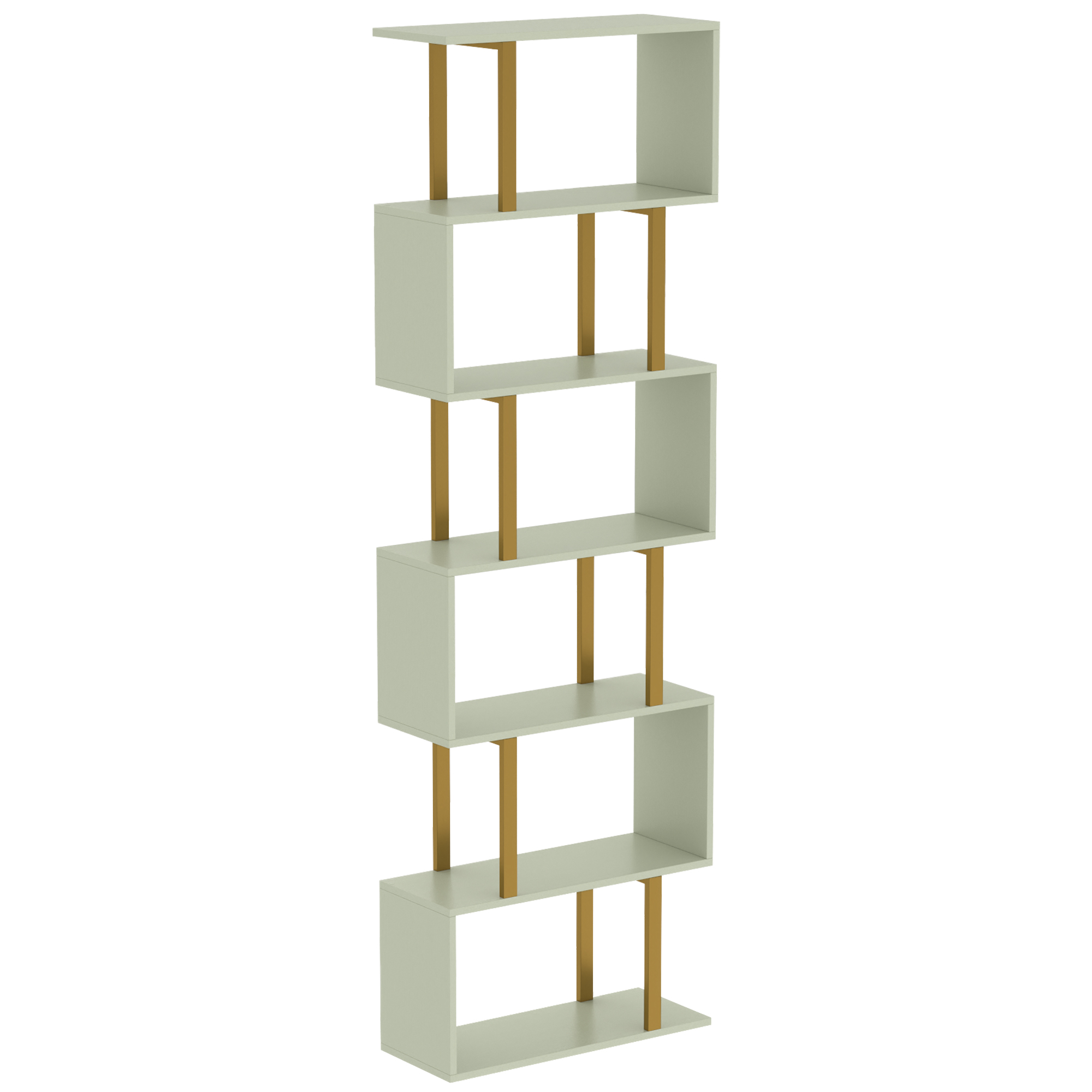 DRONFIELD 6 Tier S Shaped Bookcase with Freestanding Shelves and Anti Tip Strap - Light Green and Gold Tone - Life Essentials