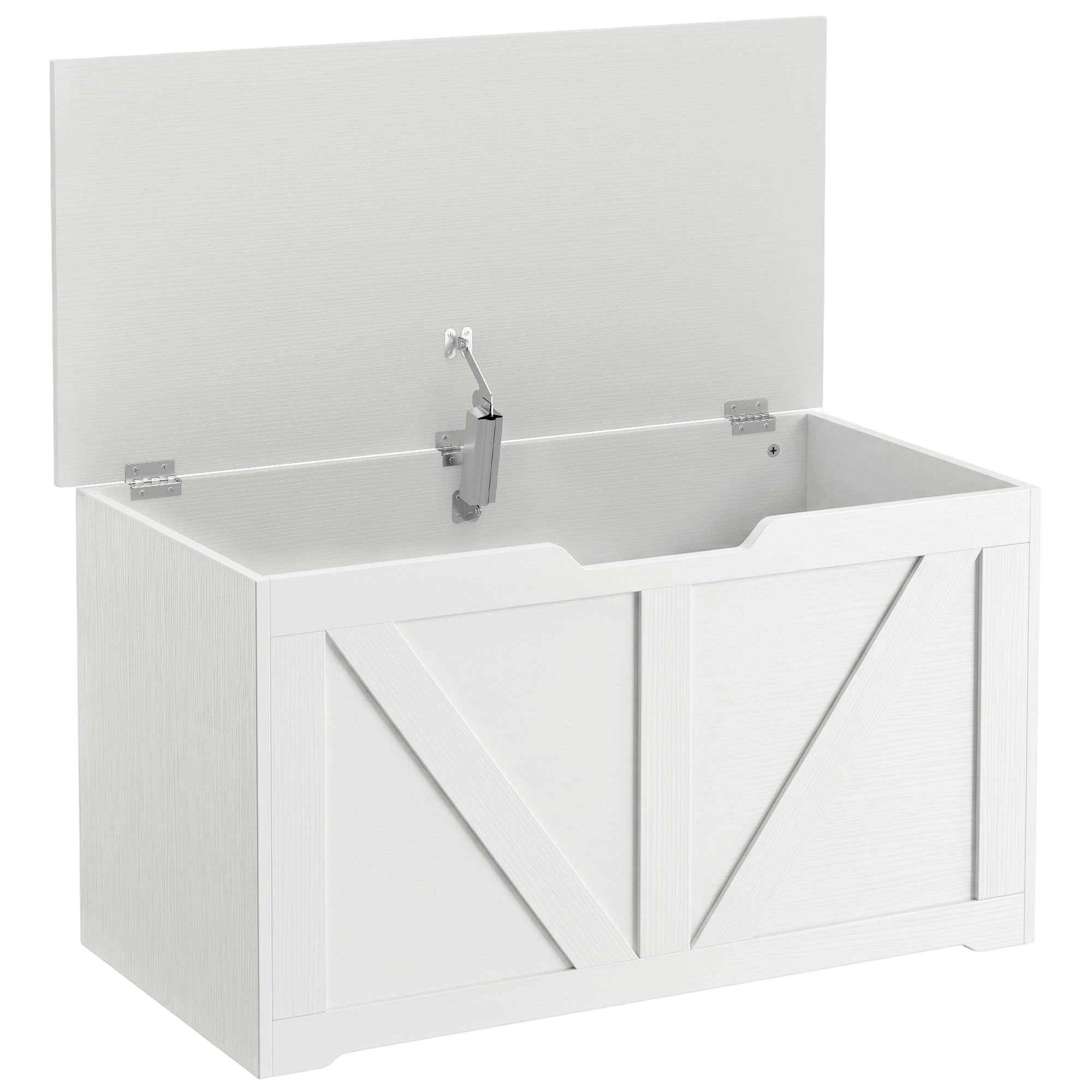 JUVRIA 100L Particleboard Home Storage Box with Safety Hinge and Wood Effect - White - Life Essentials