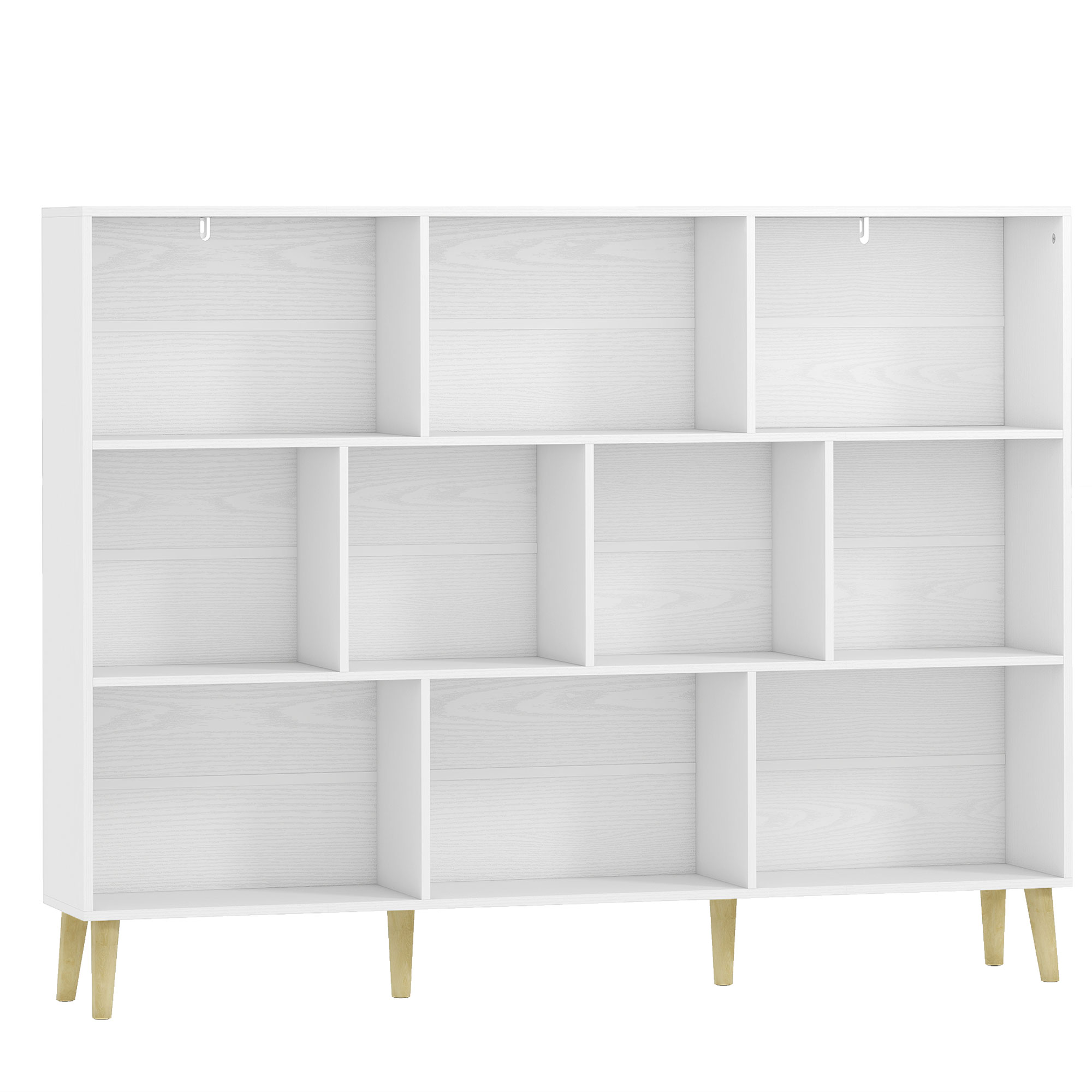 CAMELFORD 140 cm 10 Cube Bookcase with 3 Tiers, Pine Wood Legs and Anti Tip Kit - White Wood Effect and Oak - Life Essentials