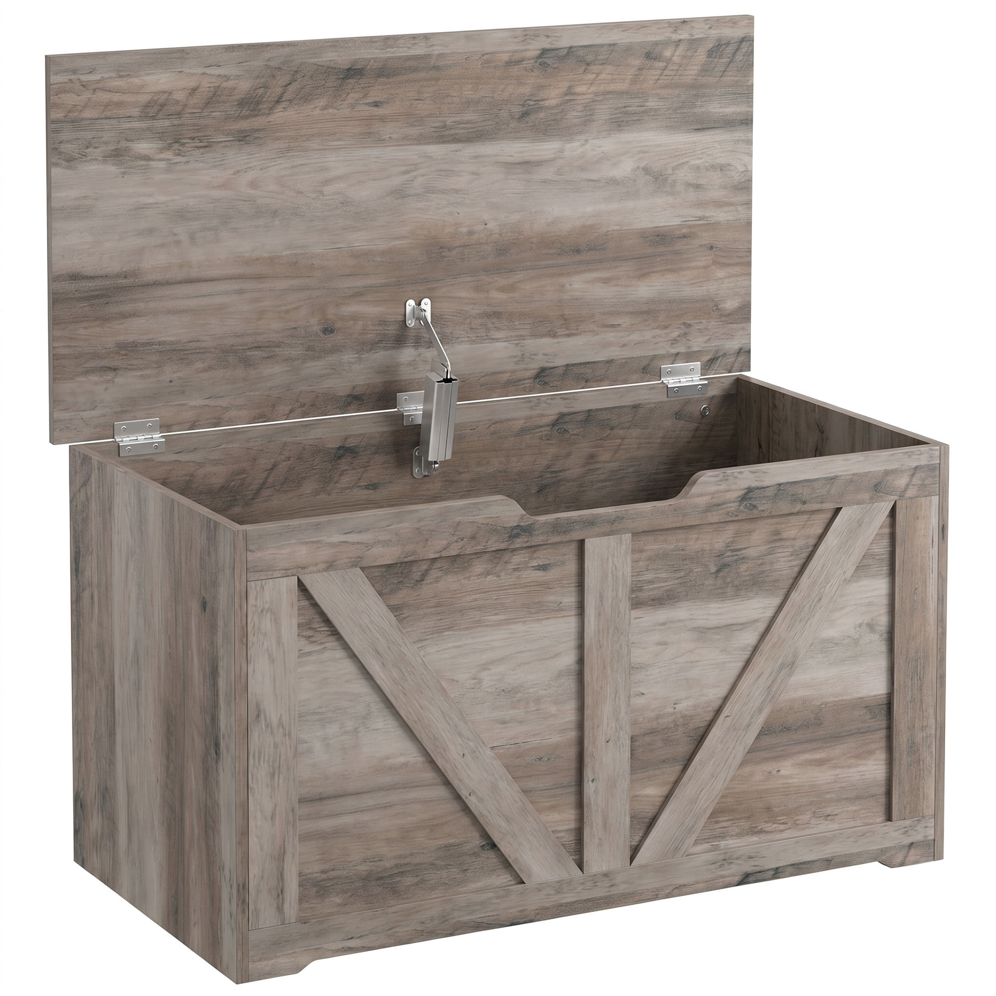 JUVRIA 100L Particleboard Home Storage Box with Safety Hinge and Wood Effect - Grey - Life Essentials