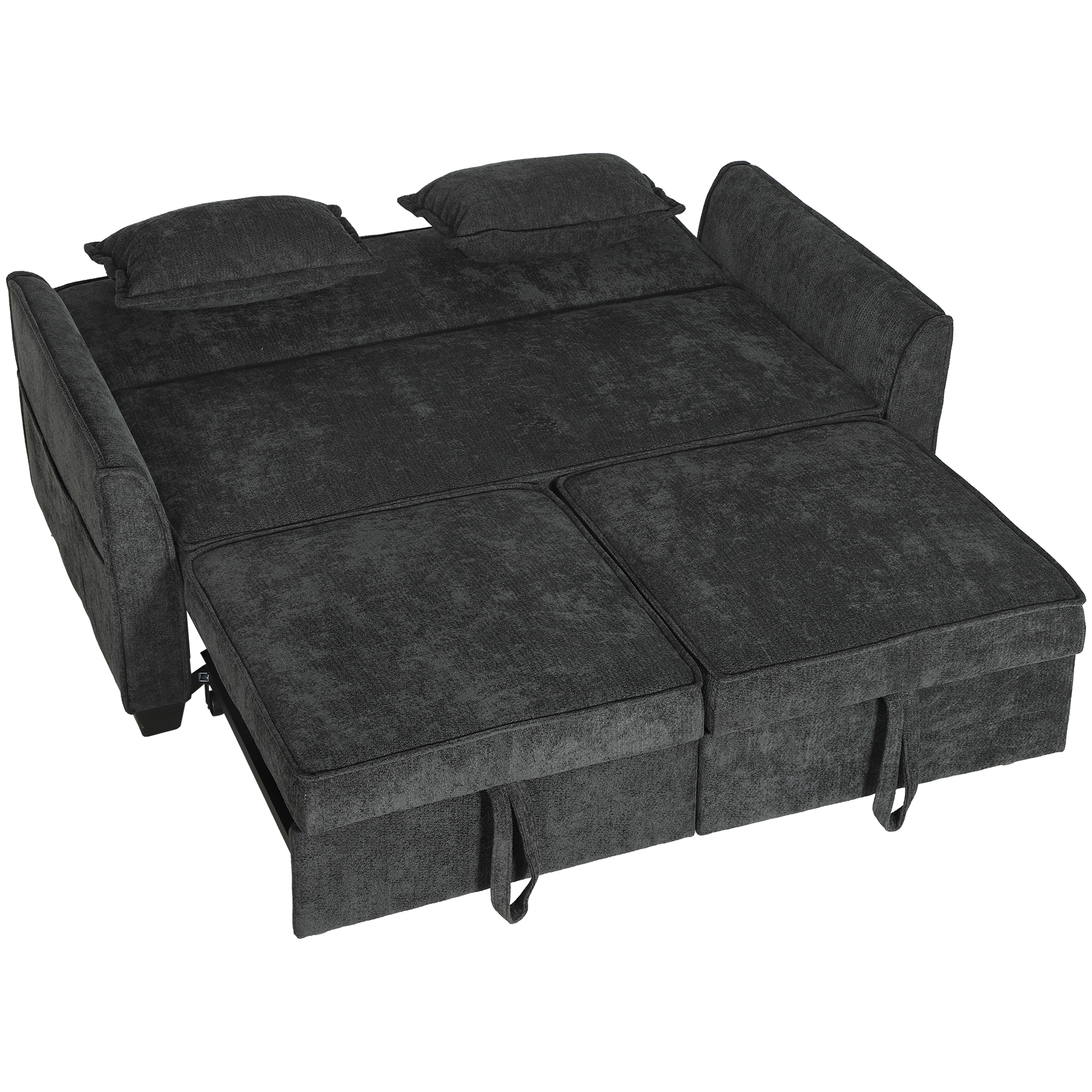 BRIDLINGTON Chenille 2 Seater Sofa Bed with 4 in 1 L Shaped Pull Out Sleeper and Side Pockets - Black - Life Essentials