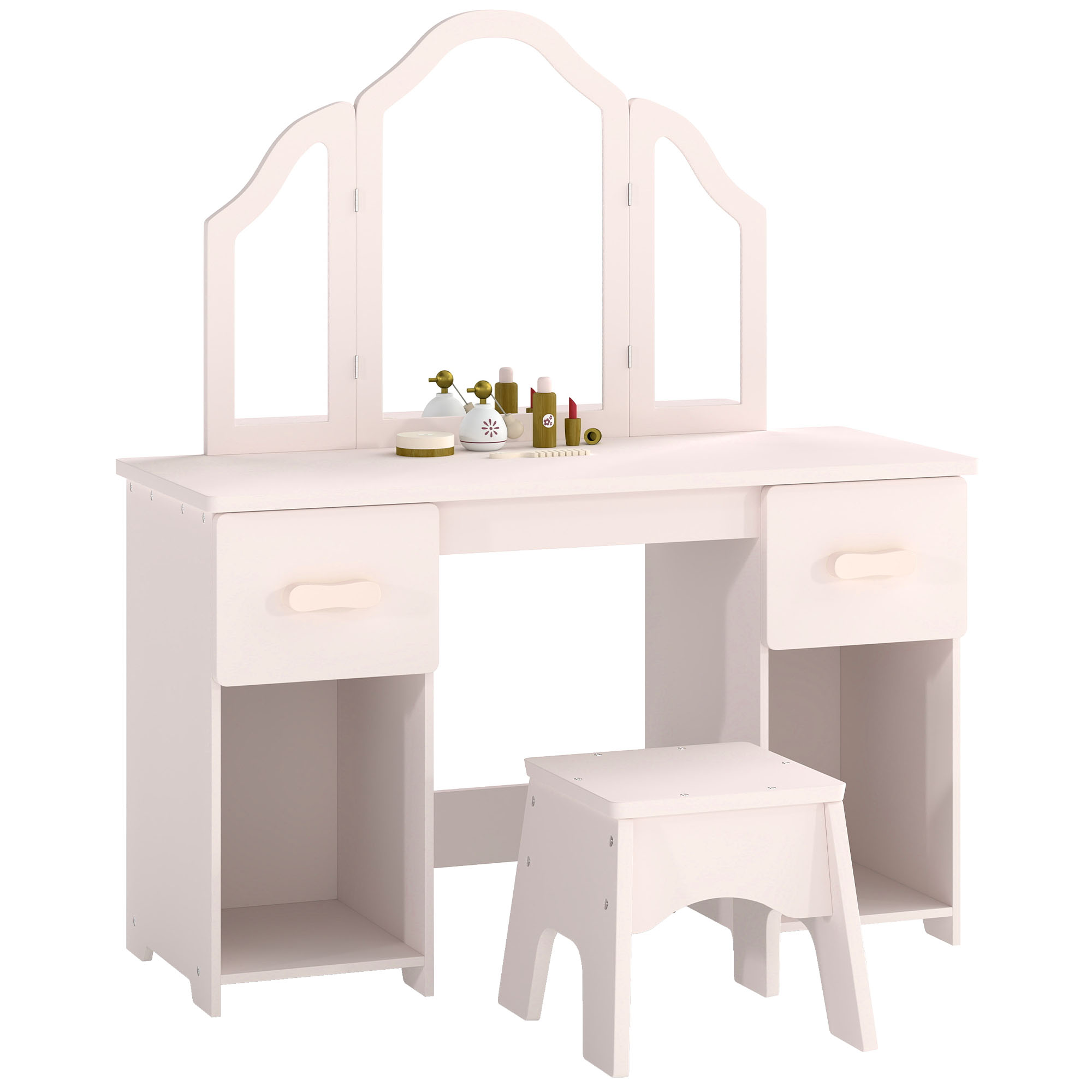 WIRKSWORTH Kids Dressing Table and Chair Set with Folding Mirror, 2 Drawers and 2 Cabinets - Light Pink, White and Natural Wood
