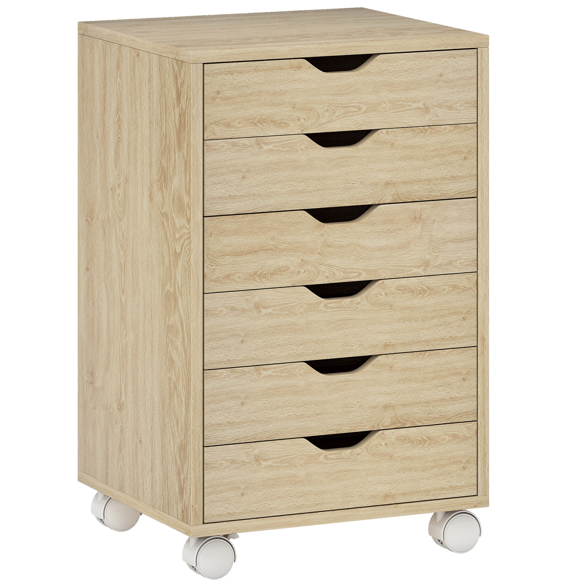 LONGLEAT 6 Drawer Mobile Vertical Filing Cabinet with Quiet Drawers, Wheels and 2 Brakes - Oak Wood Effect - Life Essentials