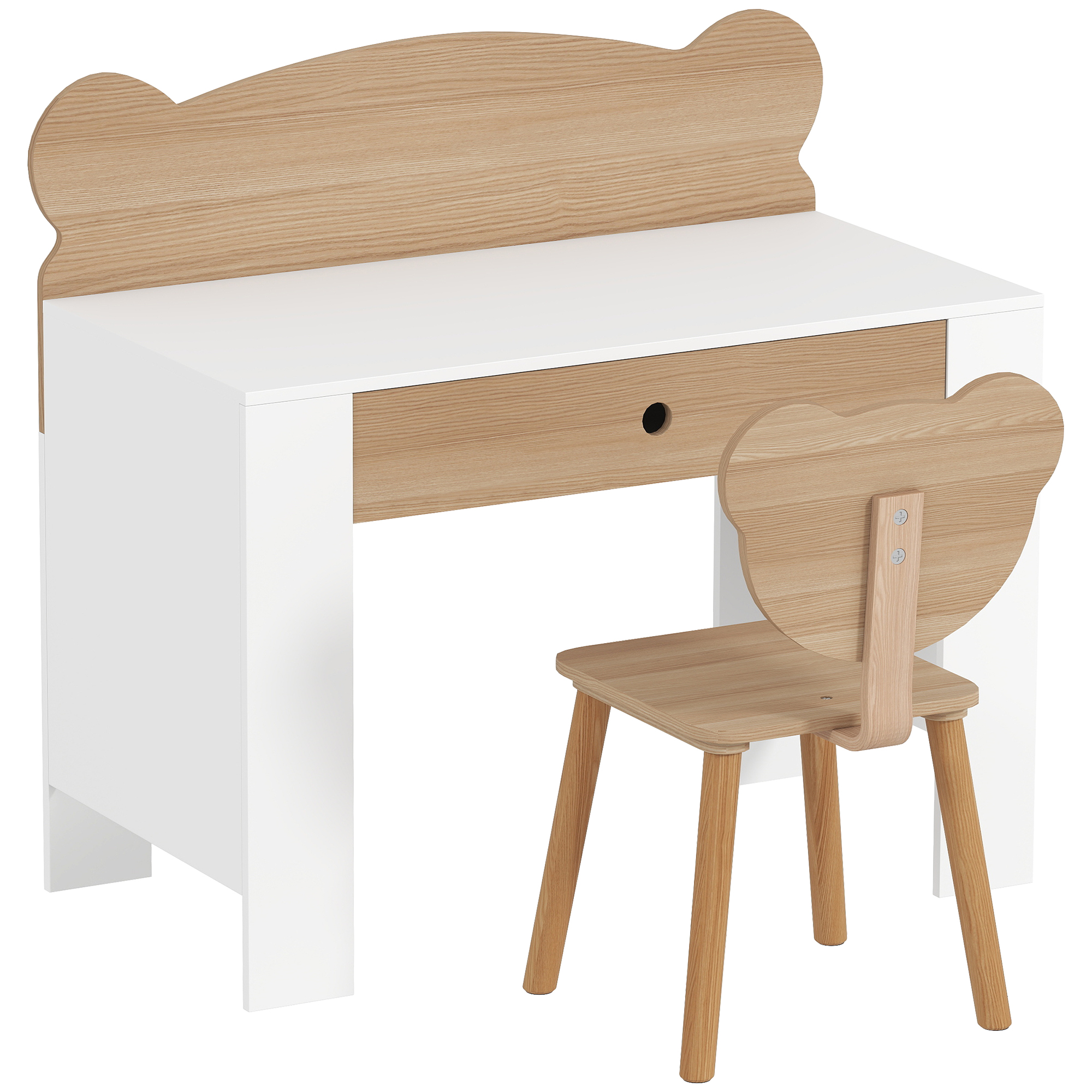 AMBERSIDE Bear-Themed Kids Desk and Chair Set with Drawer - Natural