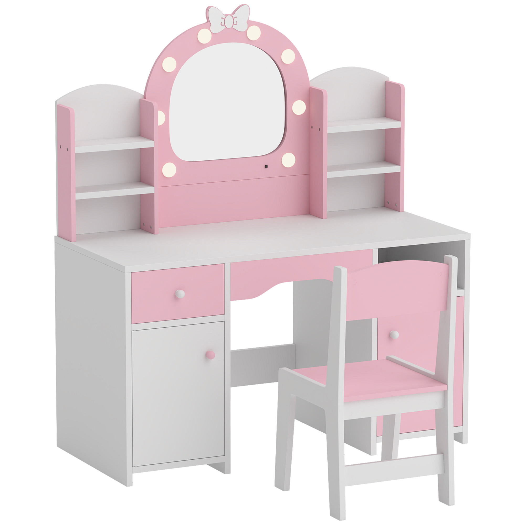 CHASEFIELD Kids Vanity Table and Stool Set with Mirror, Drawers and Shelves - Pink