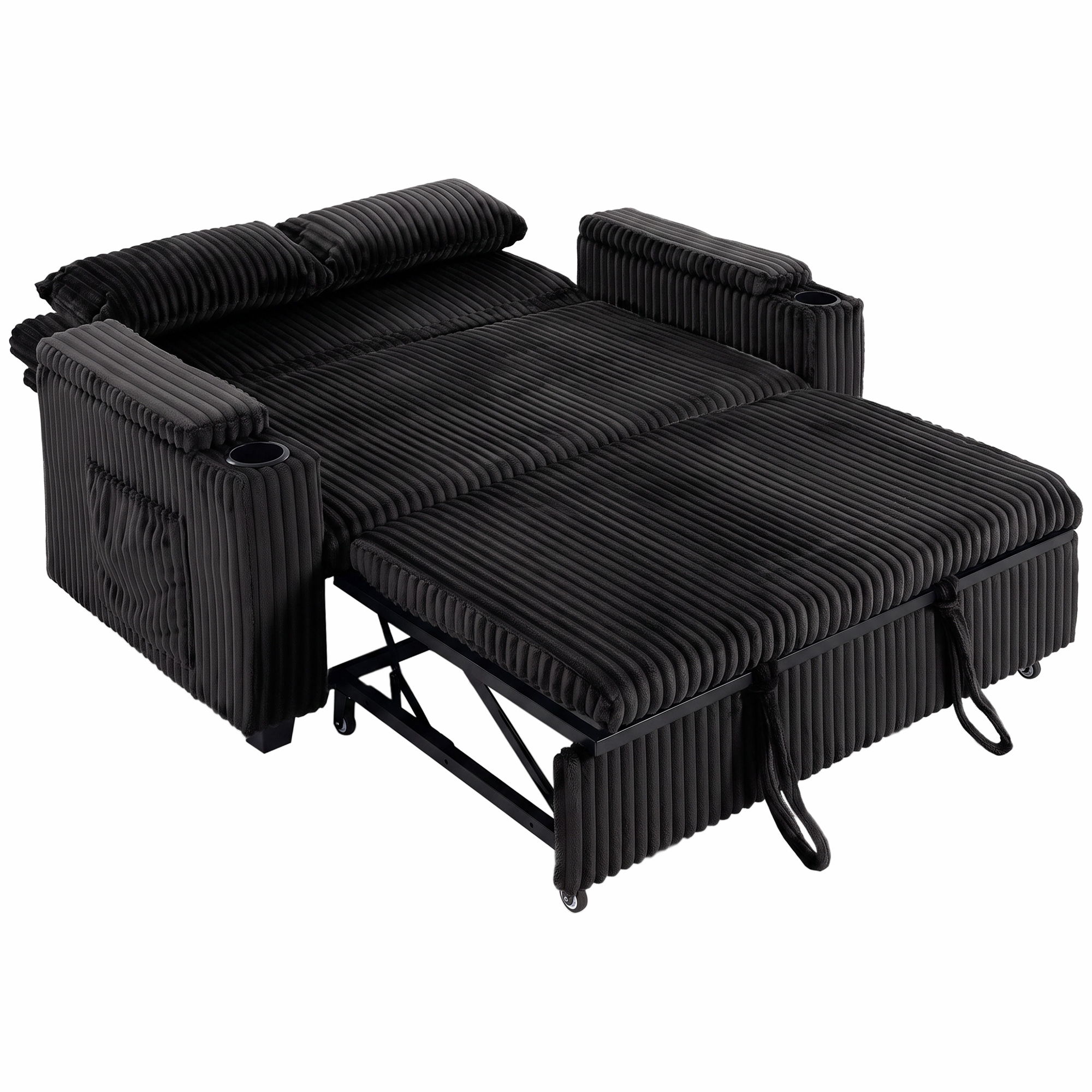 ATLASWOOD 2-Seater Sofa Bed with Storage Armrests and Cup Holders - Black