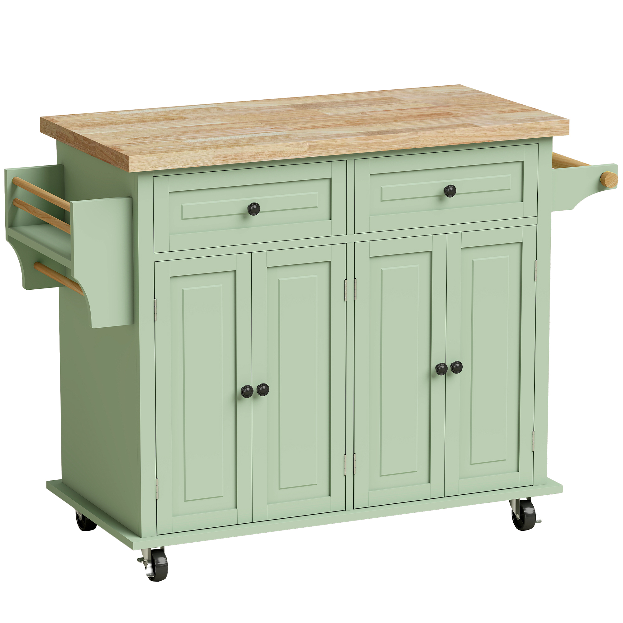 BLOOMHILL Rolling Kitchen Island with Rubberwood Top and Drawers - Light Green