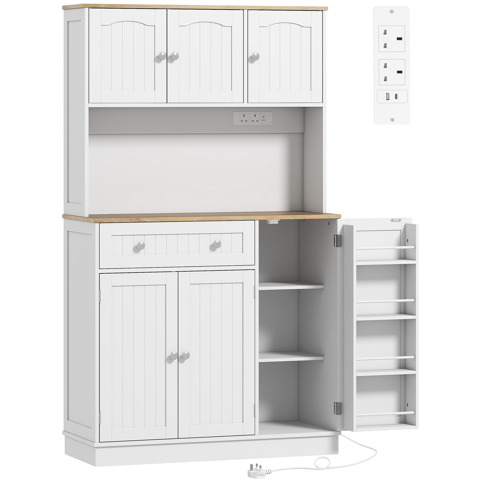 ATLASHILL 173cm Kitchen Pantry Cabinet with Charging Station - White