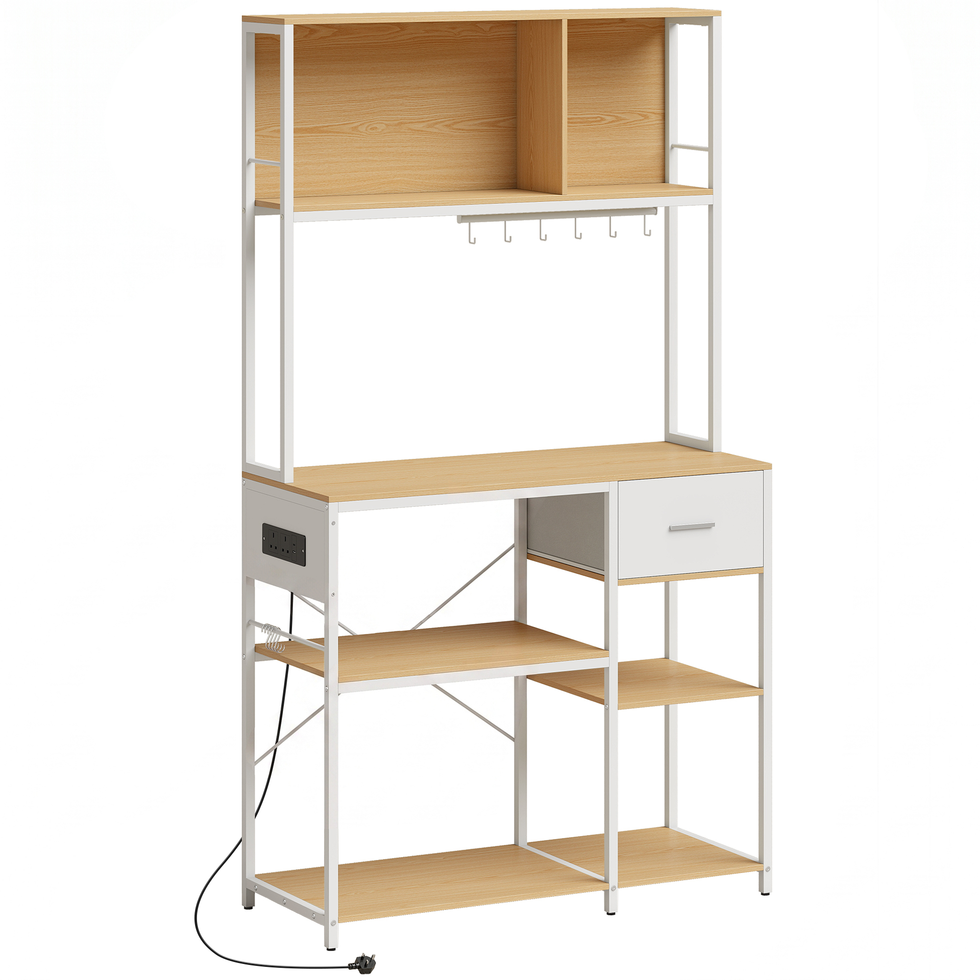 BLOOMGATE Kitchen Storage Rack with Power Outlet, USB and Type-C - Oak and White
