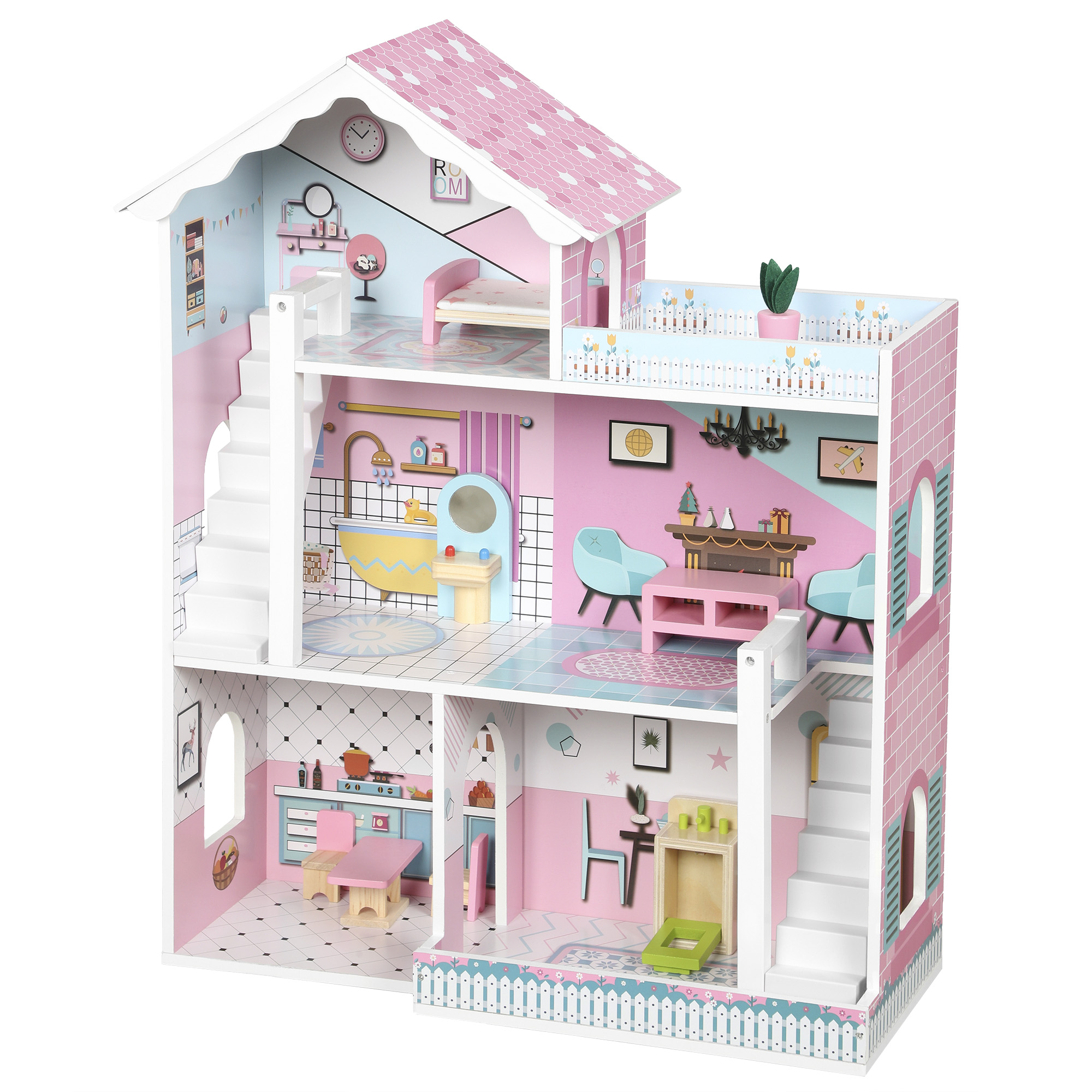 COVEBRIDGE Wooden Kids Dollhouse, 3-Storey, 10 Accessories - Pink