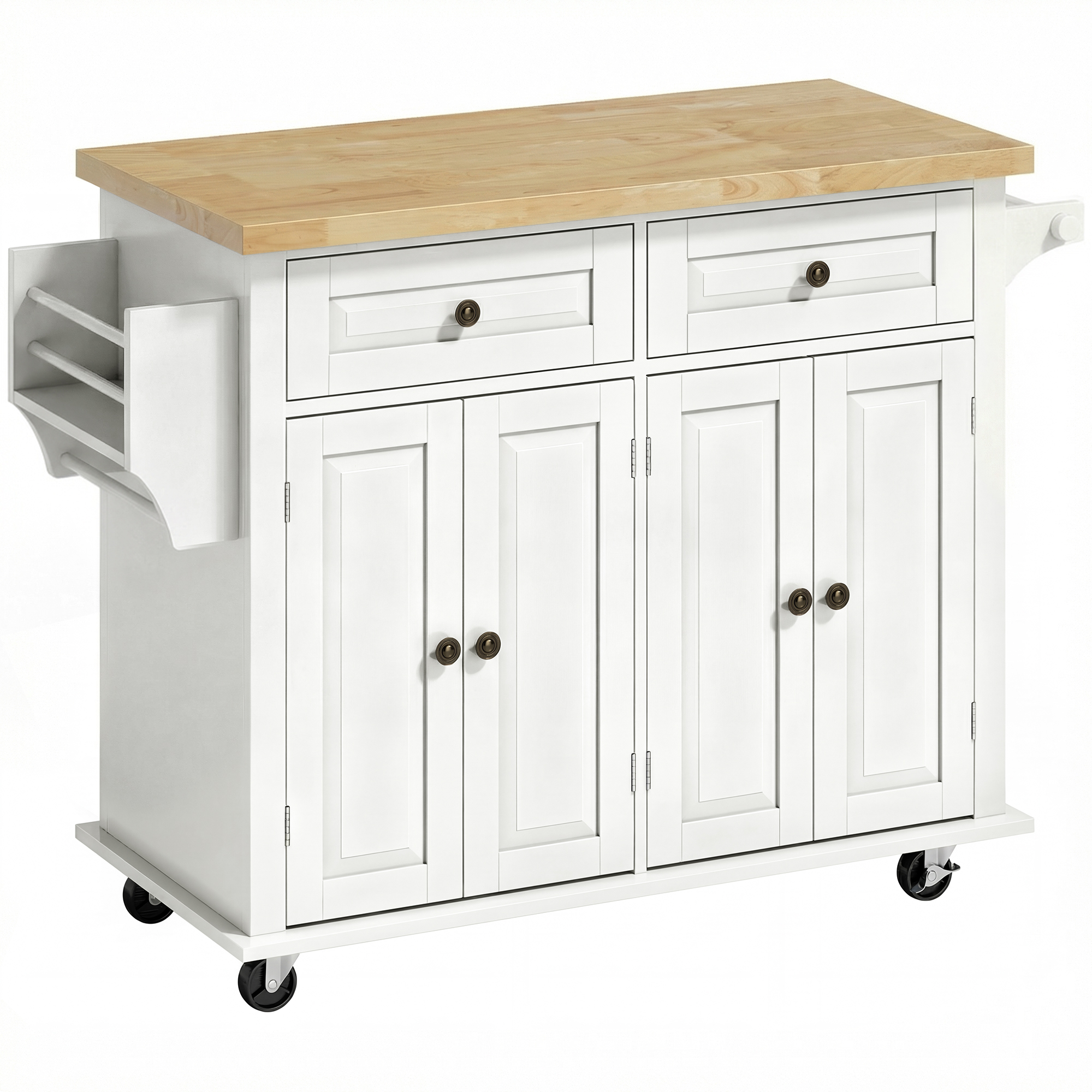 BLOOMHILL Rolling Kitchen Island with Rubberwood Top and 2 Drawers - Cream White