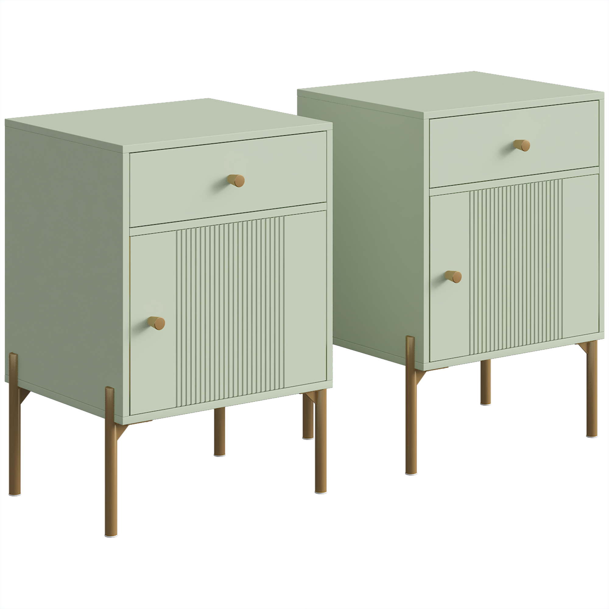 BIRCHPORT Set of 2 Bedside Tables with Drawer and Metal Legs - Light Green