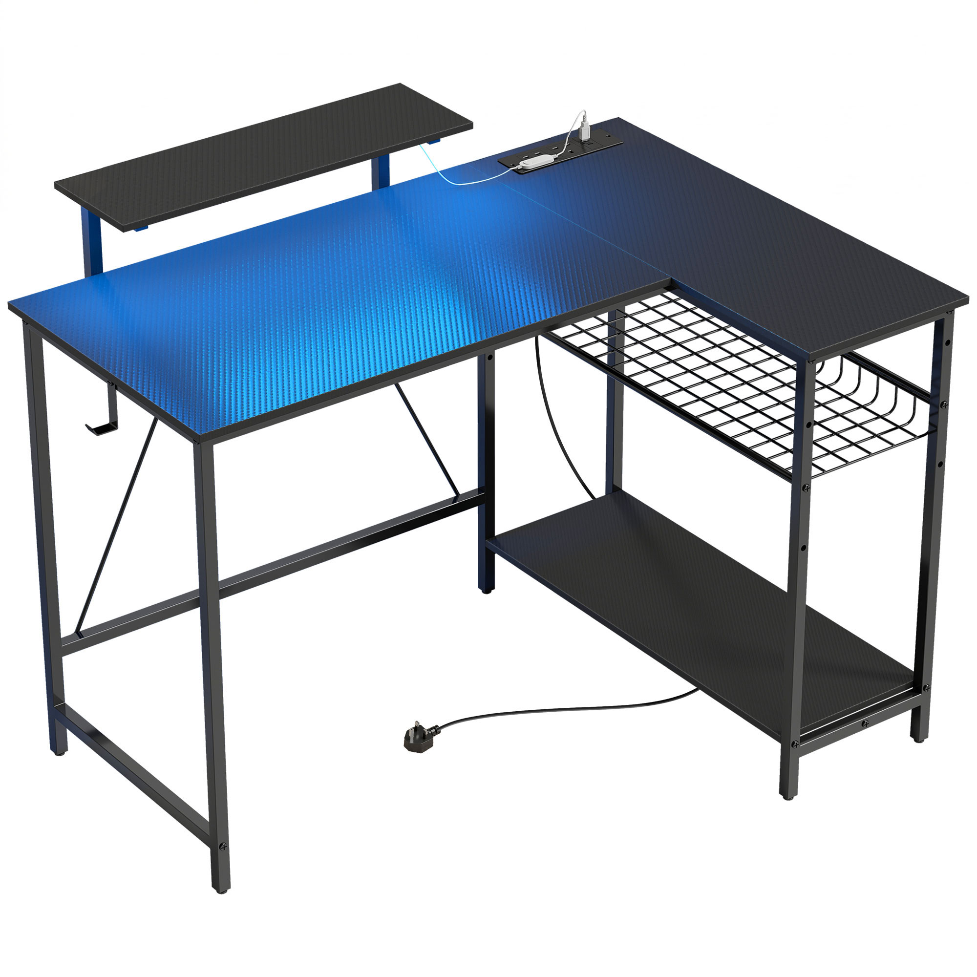 CLAYPOINT 114.5cm L-Shaped Gaming Desk with LED Lights and Power Station - Black