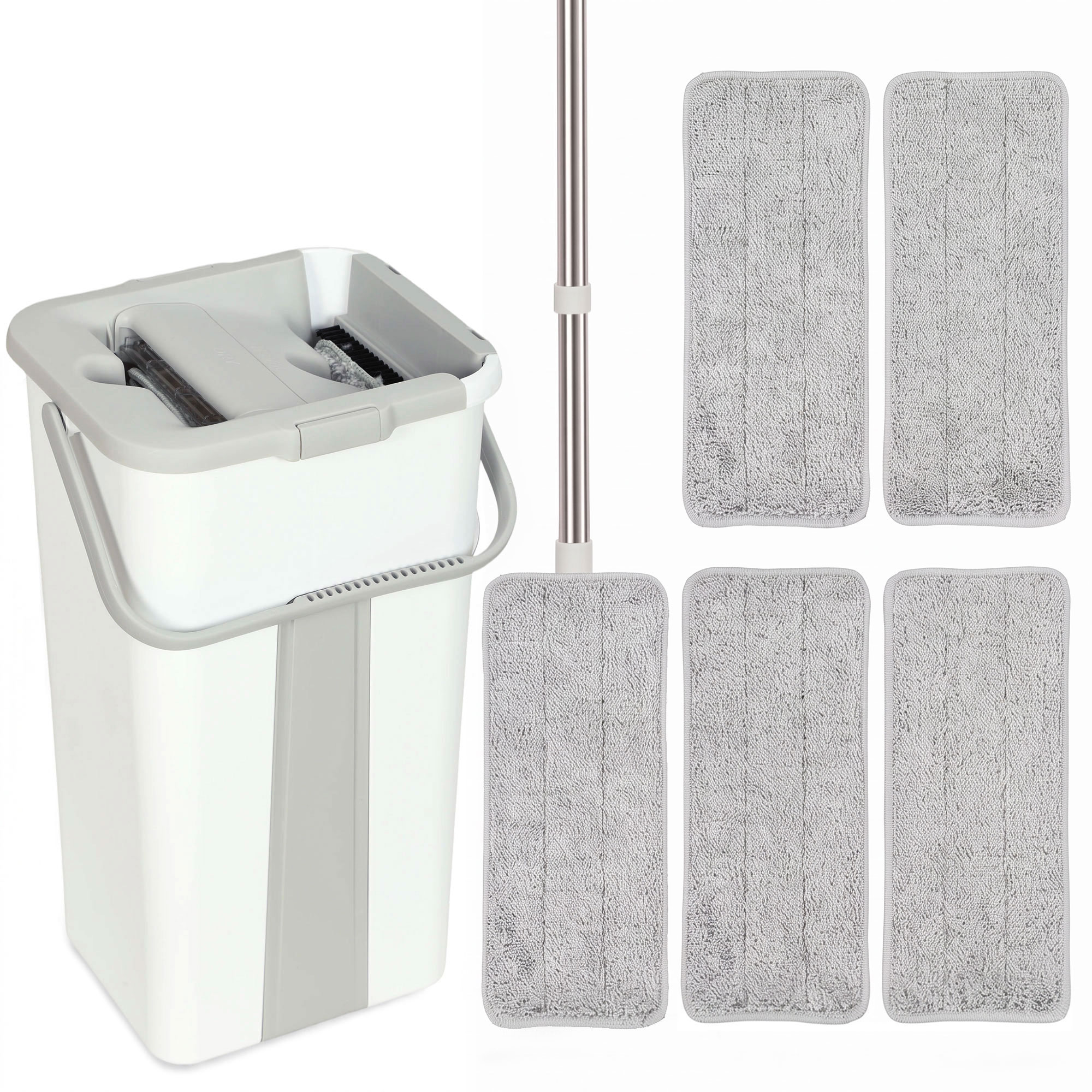COVEMOOR Flat Mop and Bucket Set with Wringer, 2 Chambers and 5 Reusable Pads - White