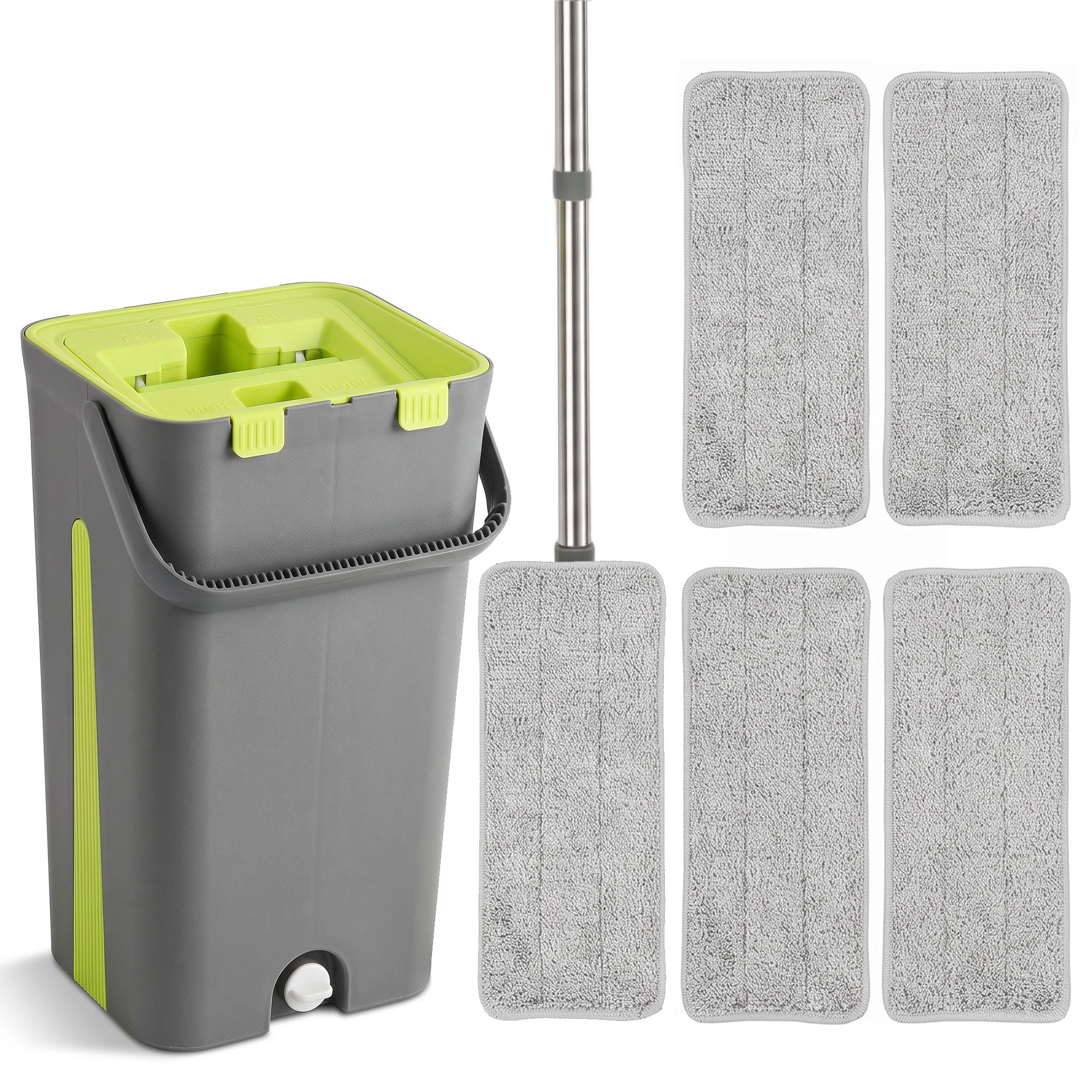 COVEHILL Flat Mop and Bucket Set with Wringer, 2 Chambers and 5 Reusable Pads - Dark Grey and Green