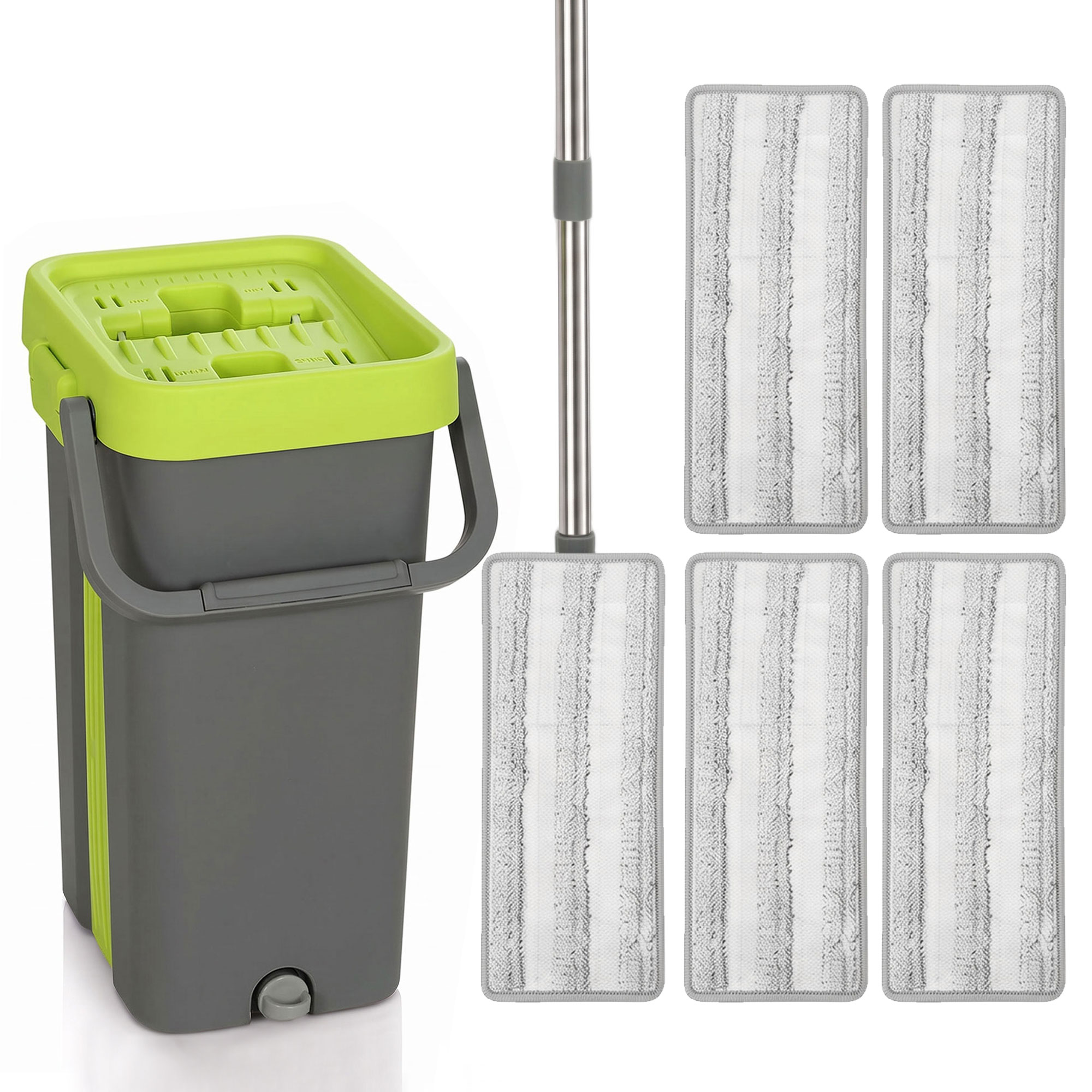 COVELEY Flat Mop and Bucket Set with Wringer, 2 Chambers and Rotating Head - Dark Grey