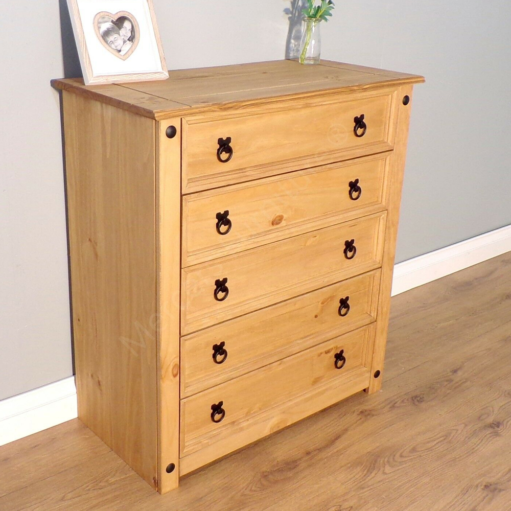 COMPTON Oak Finish Chest of Drawers - Medium-sized, 5 Drawers - Bedroom & More