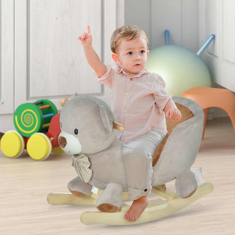 Wood Base Children's Rocking Bear Ride On Chair with Seat Belt - Grey - Aldo & Ehren
