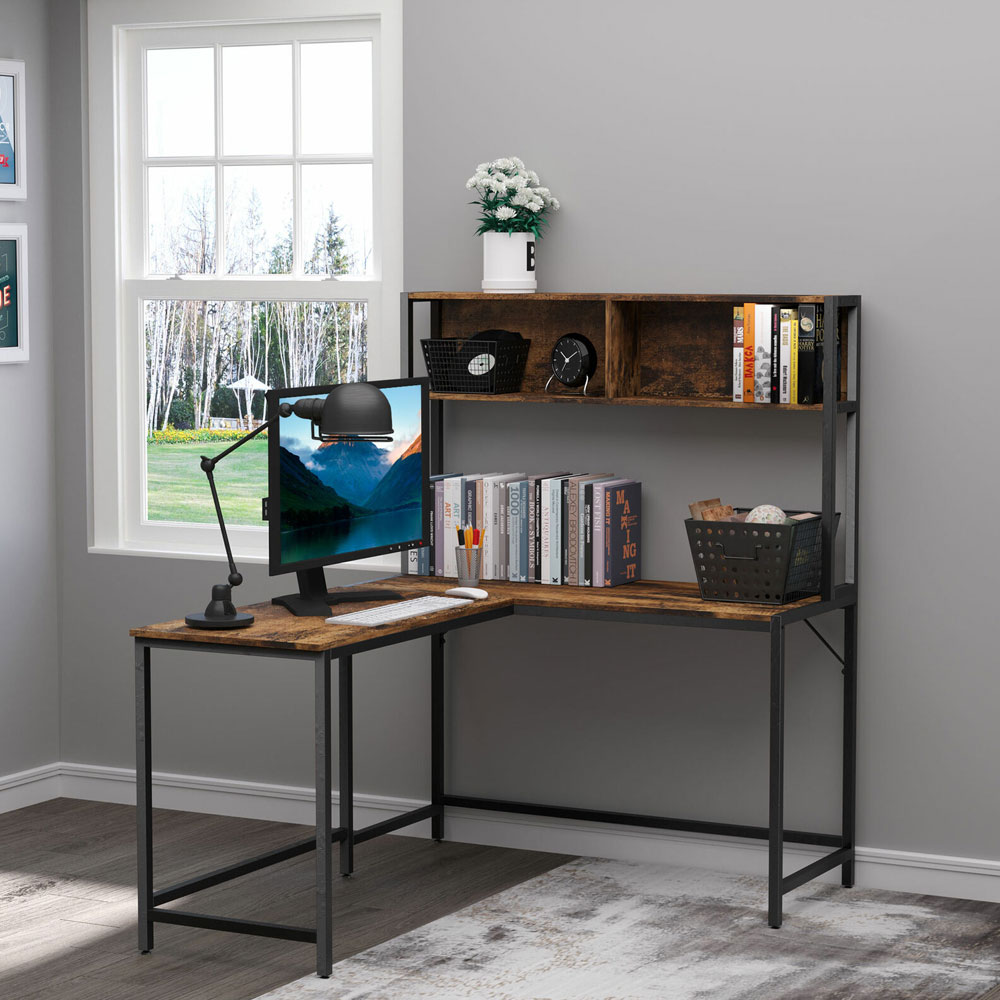 Industrial Style L-Shaped Work Desk With Storage Shelf - Brown - Aldo & Ehren