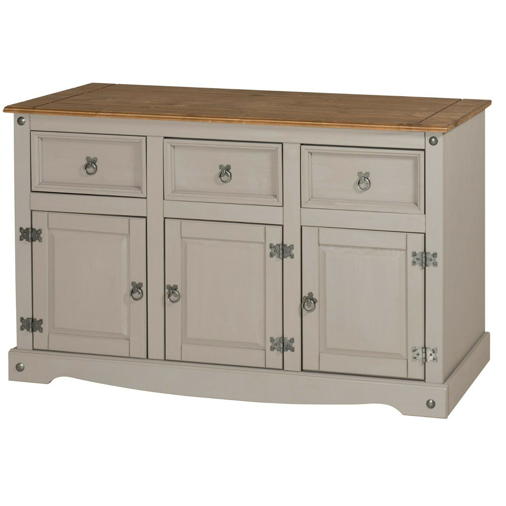 Corona Sideboard Solid Pine 3 Door 3 Drawer - Grey Wax - Bedroom & More