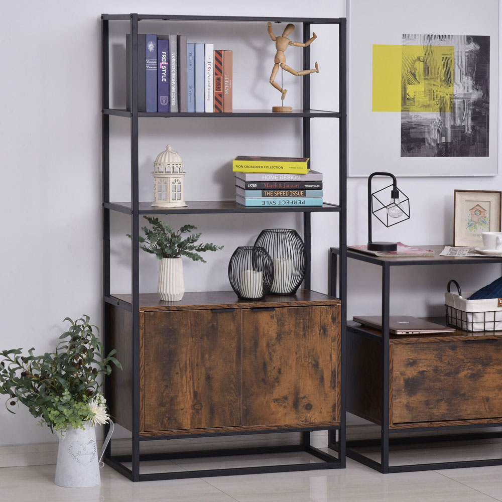 High Quality Metal Frame Display Racks With 3 Open Shelves And Cabinet - Brown - Aldo & Ehren
