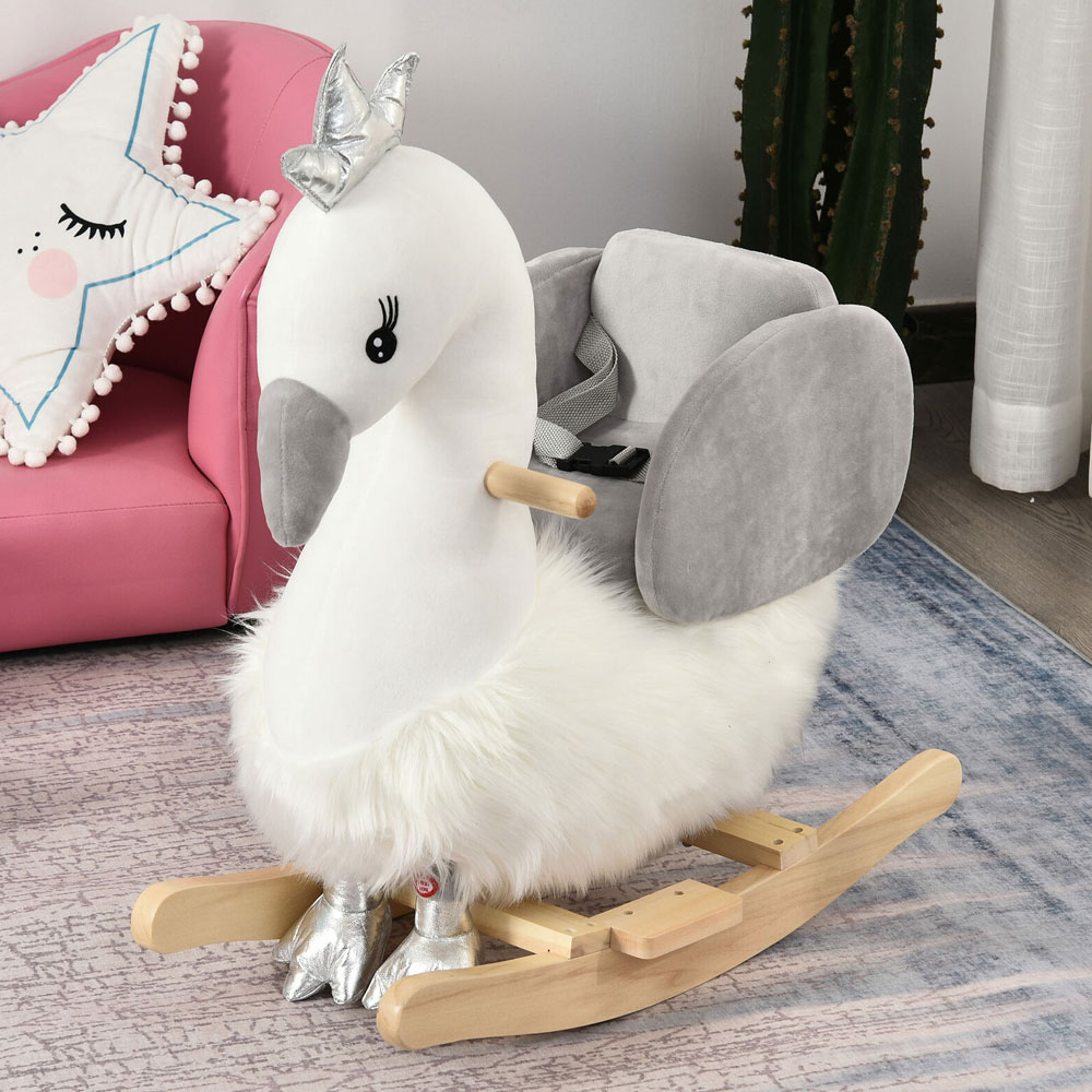 Plush Body Rocking Swan Kids Ride Chair With Handlebars And Sound - Aldo & Ehren
