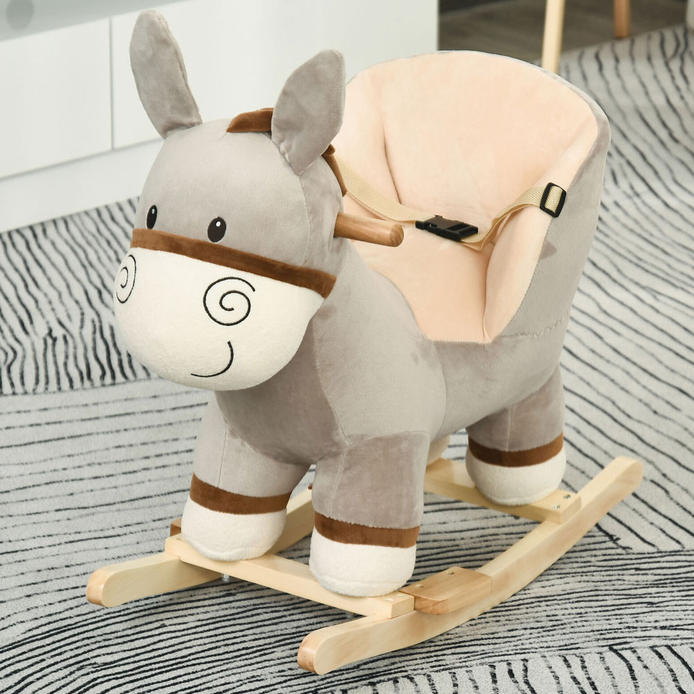 Plush Body Rocking Donkey Kids Ride Chair With Handlebars And Sound - Grey - Aldo & Ehren