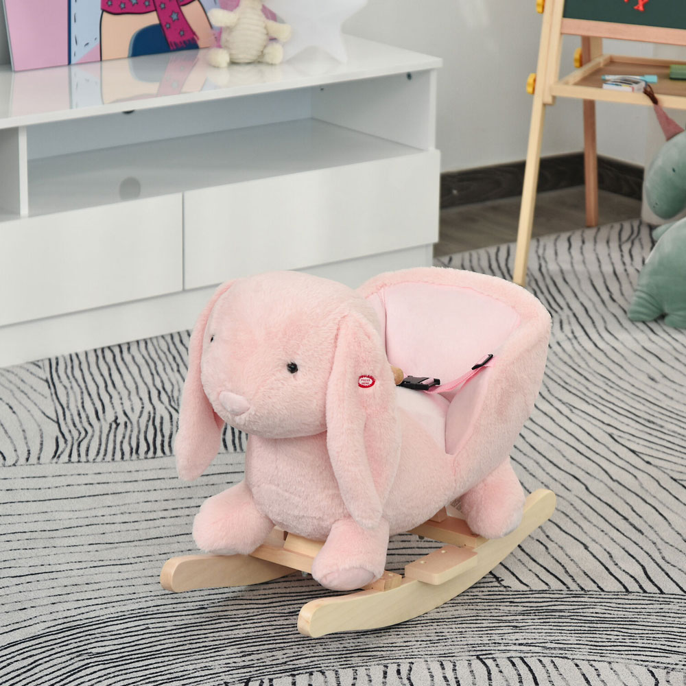 Cute Rabbit Plush Fabric Kids Ride-On Rocking Chair With Music And Seatbelts - Pink - Aldo & Ehren
