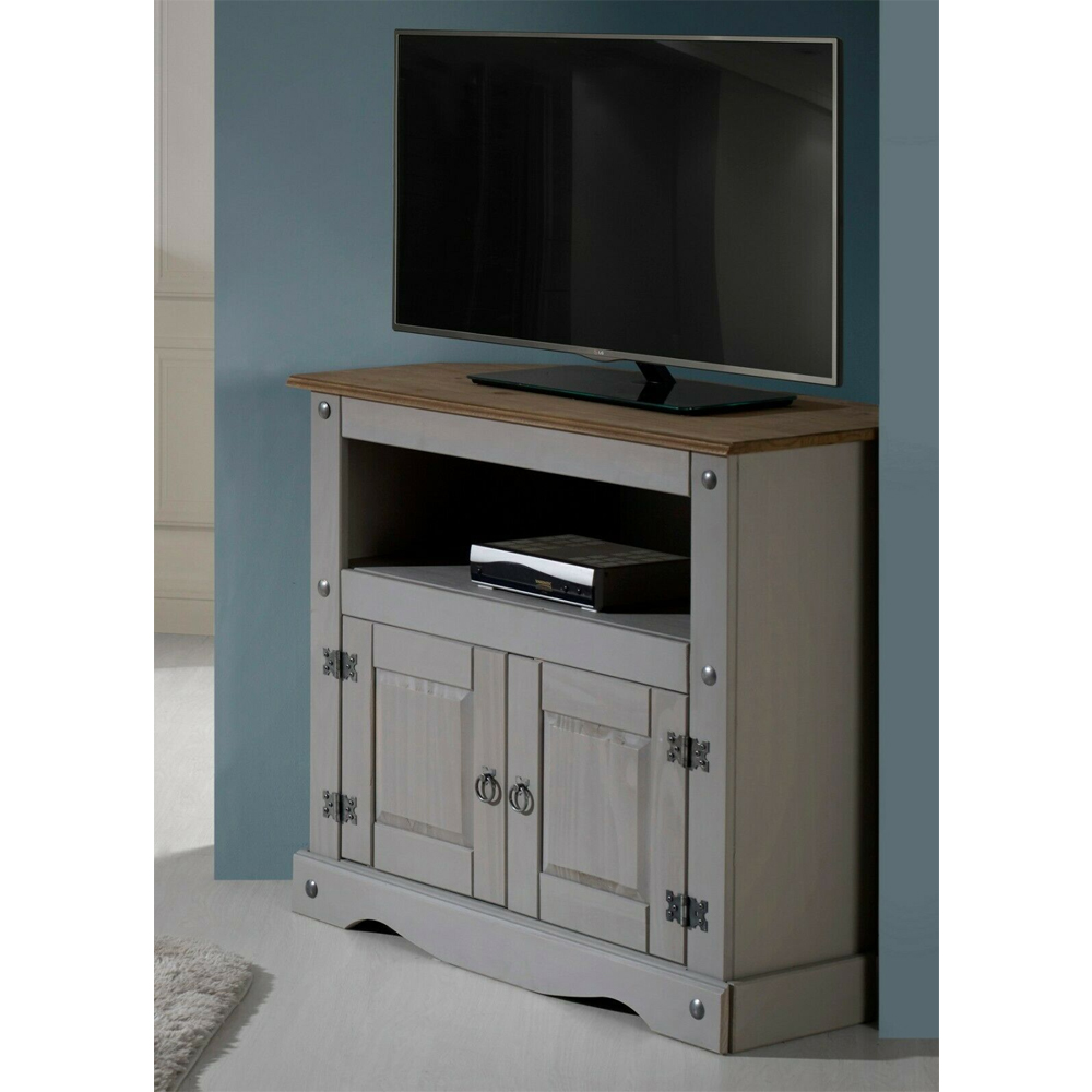 Corona Solid Pine TV Unit Corner - Grey Wax - Bedroom & More