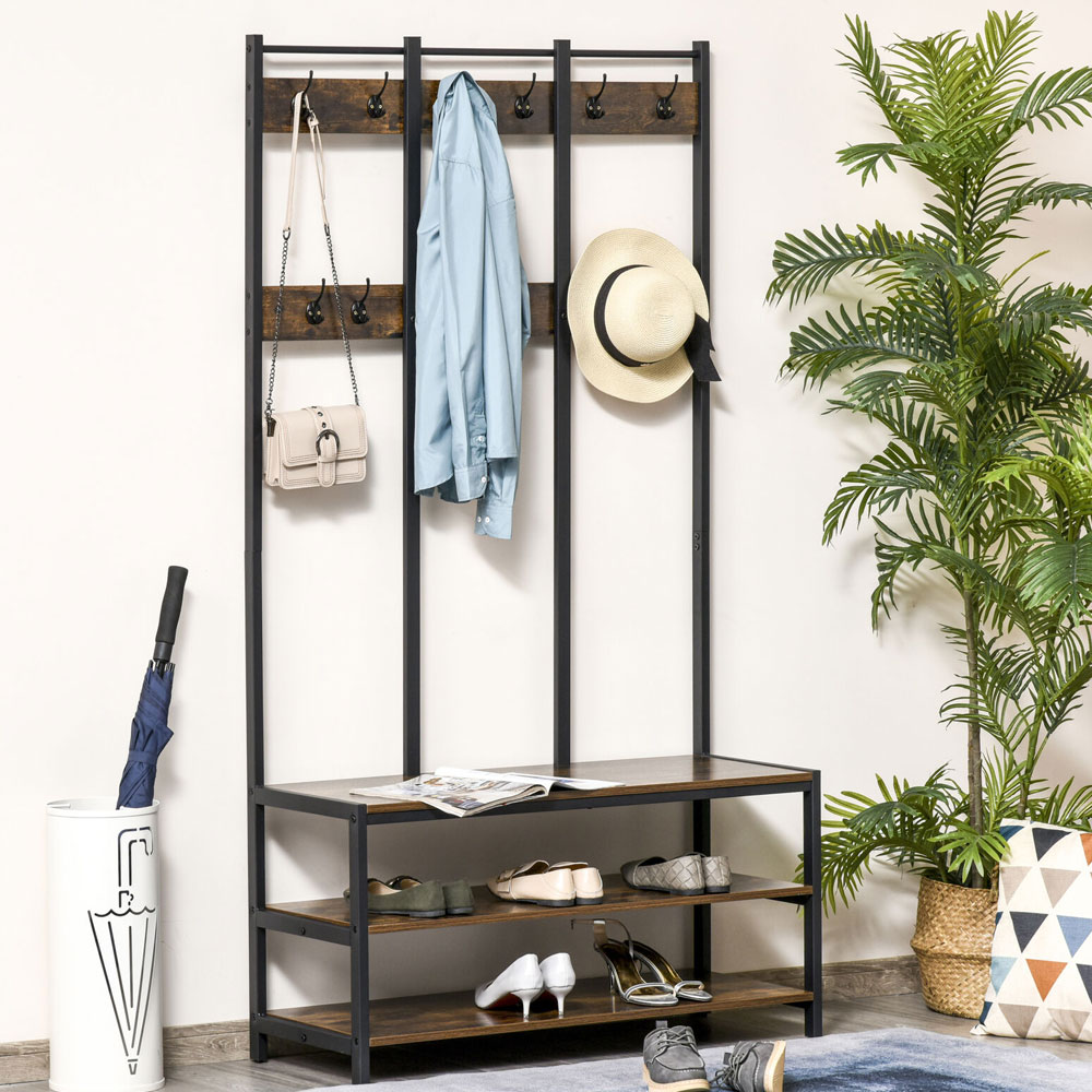 3 In 1 Design Metal Frame Coat Hangers With 12 Hooks - Rustic Brown - Aldo & Ehren