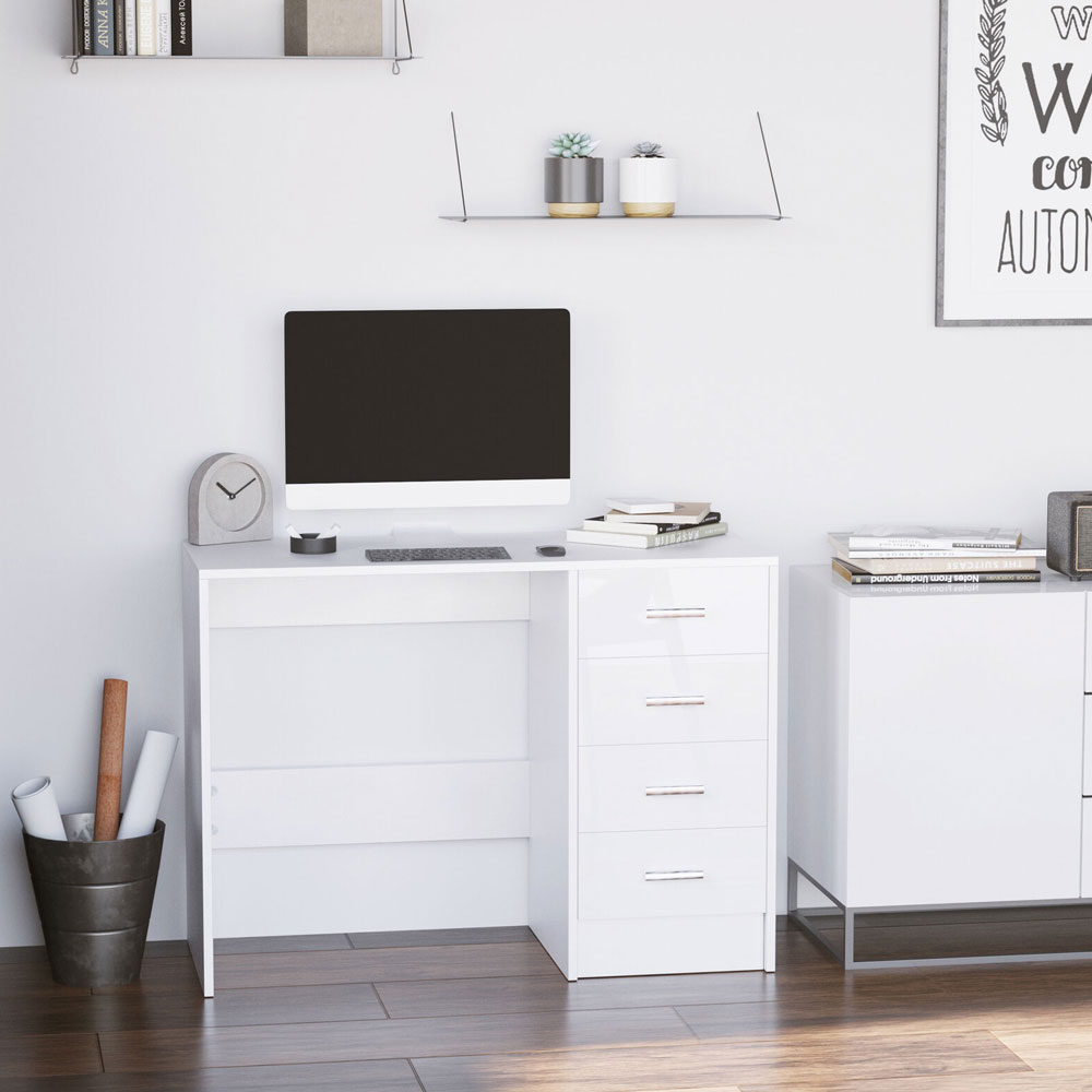 High Gloss 4 Drawer Computer Study Table - White Colour - Aldo & Ehren