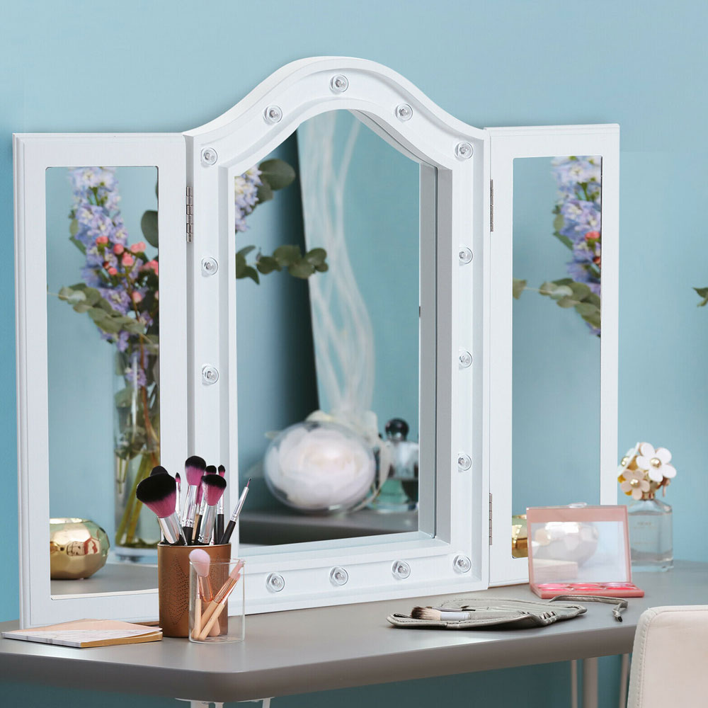 Stylish Tri-fold Dressing Table Mirror With LED Lights - White - Aldo & Ehren