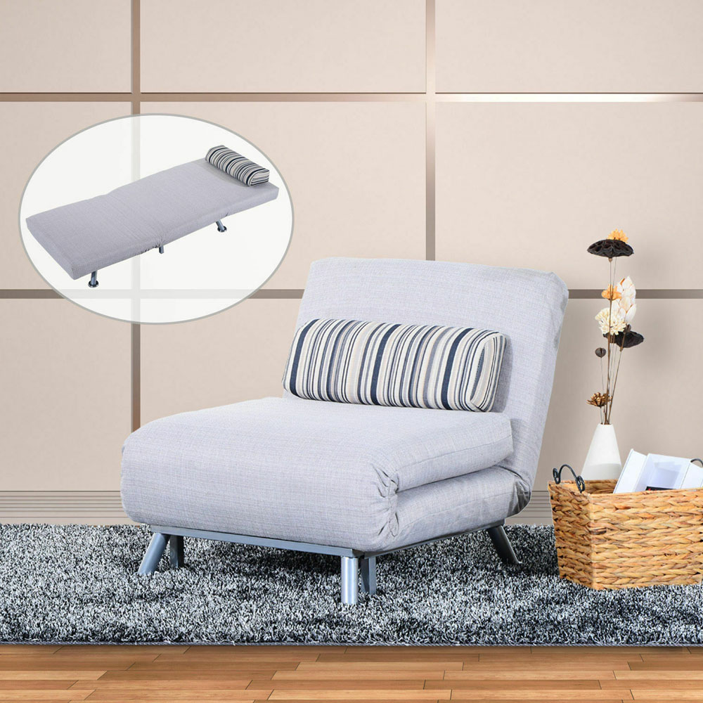 1 Person Foldable Linen Fabric Futon Sofabed With Pillow - Grey Colour - Aldo & Ehren
