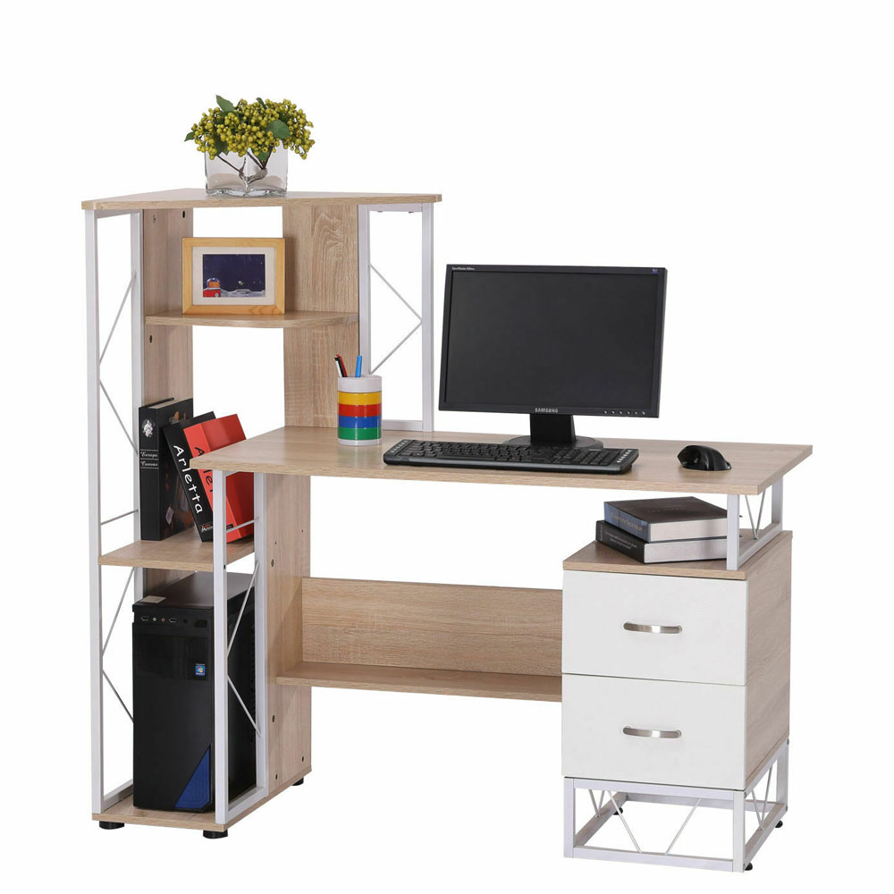 Modern Design 2 Drawers Multi-Shelves Computer Office Table - Oak & White - Aldo & Ehren
