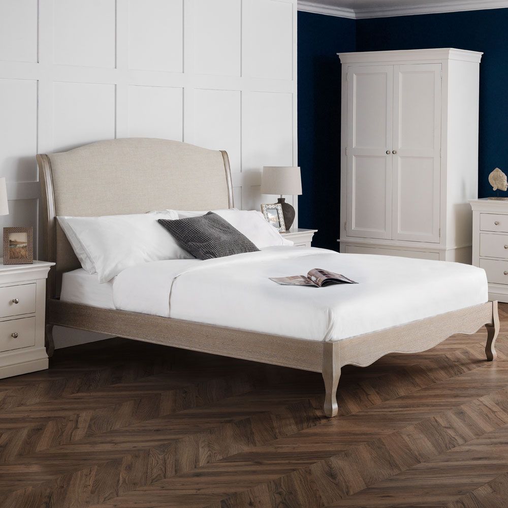Camille Limed Oak Frame Linen Fabric Bed - Double - JB Collections