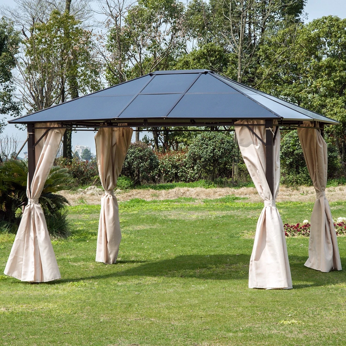 Patio Metal Gazebo with Side Wall Curtain - Brown/Beige - The Garden Savant