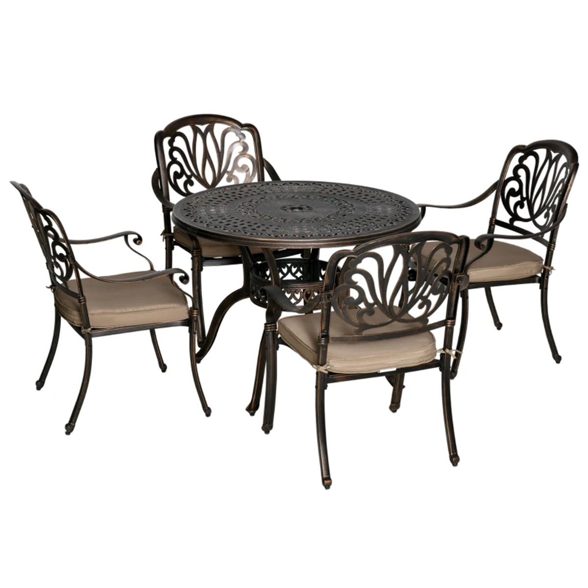 Antique Cast Aluminium 4 Seater Garden Furniture Set with Round Dining Table, Cushions - Bronze - The Garden Savant