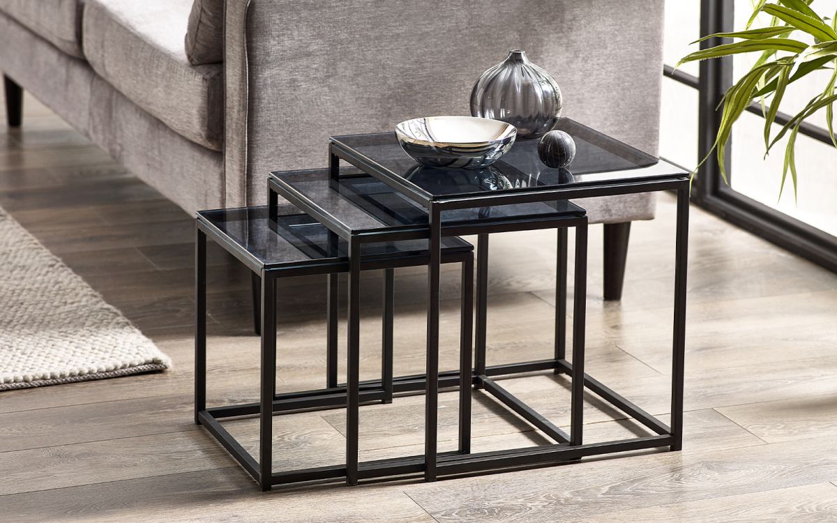 Black Frame Chicago Nest of 3 Tables - Smoked Glass Top - JB Collections